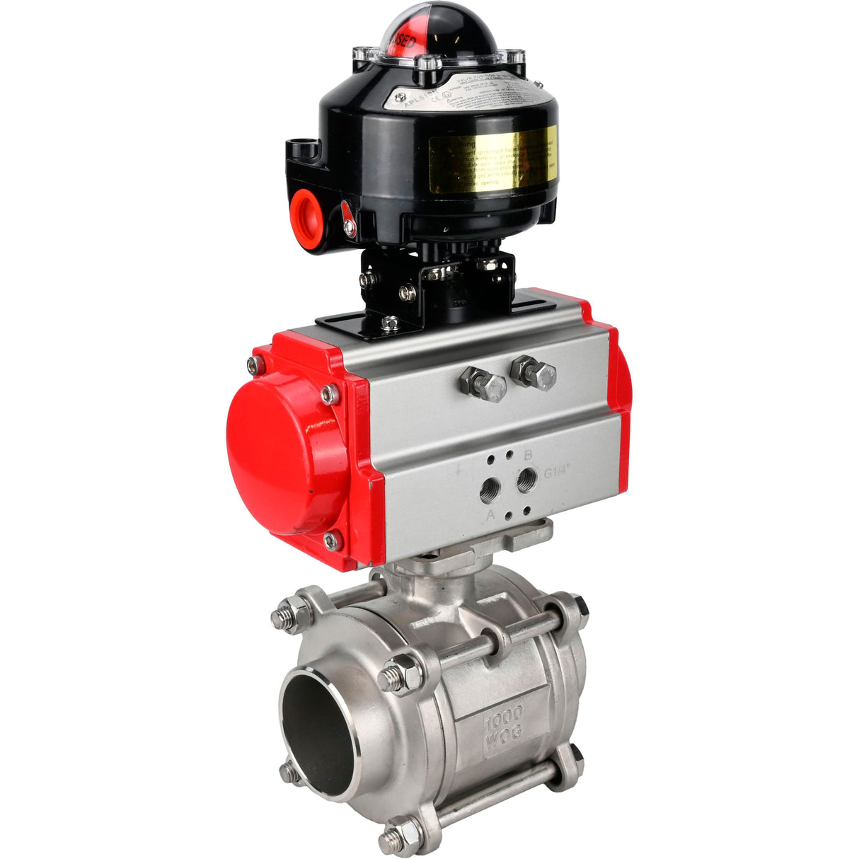 Ball valves Elephant BV3232P(3pc)-FP-W-ISO-H WDVF DN15-32 63 bar full bore, body - 316 stainless steel, seal - PTFE, for welding, with PA-SA pneumatic actuator, LSU APL-510N EX
