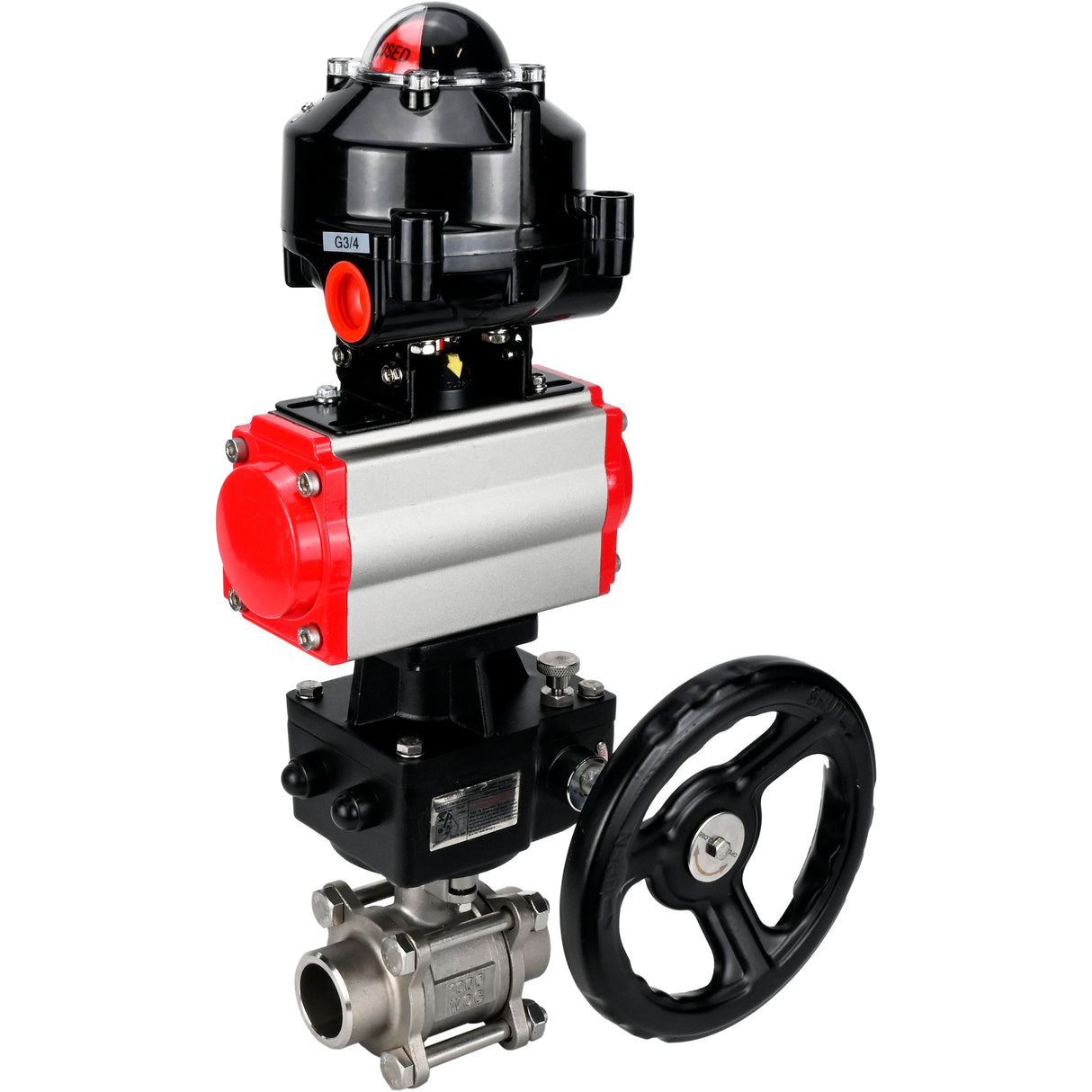 Ball valves Elephant BV3232P(3pc)-FP-W-ISO-H WDVF DN15-32 63 bar full bore, body - 316 stainless steel, seal - PTFE, for welding, with PA-DA pneumatic actuator, LSU APL-510N EX, manual backup for MON