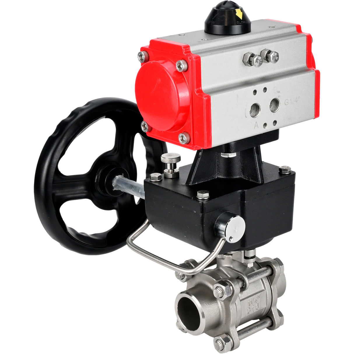 Ball valves Elephant BV3232P(3pc)-FP-W-ISO-H WDVF DN15-32 63 bar full bore, body - 316 stainless steel, seal - PTFE, for welding, with PA-DA pneumatic actuator, manual backup for MON