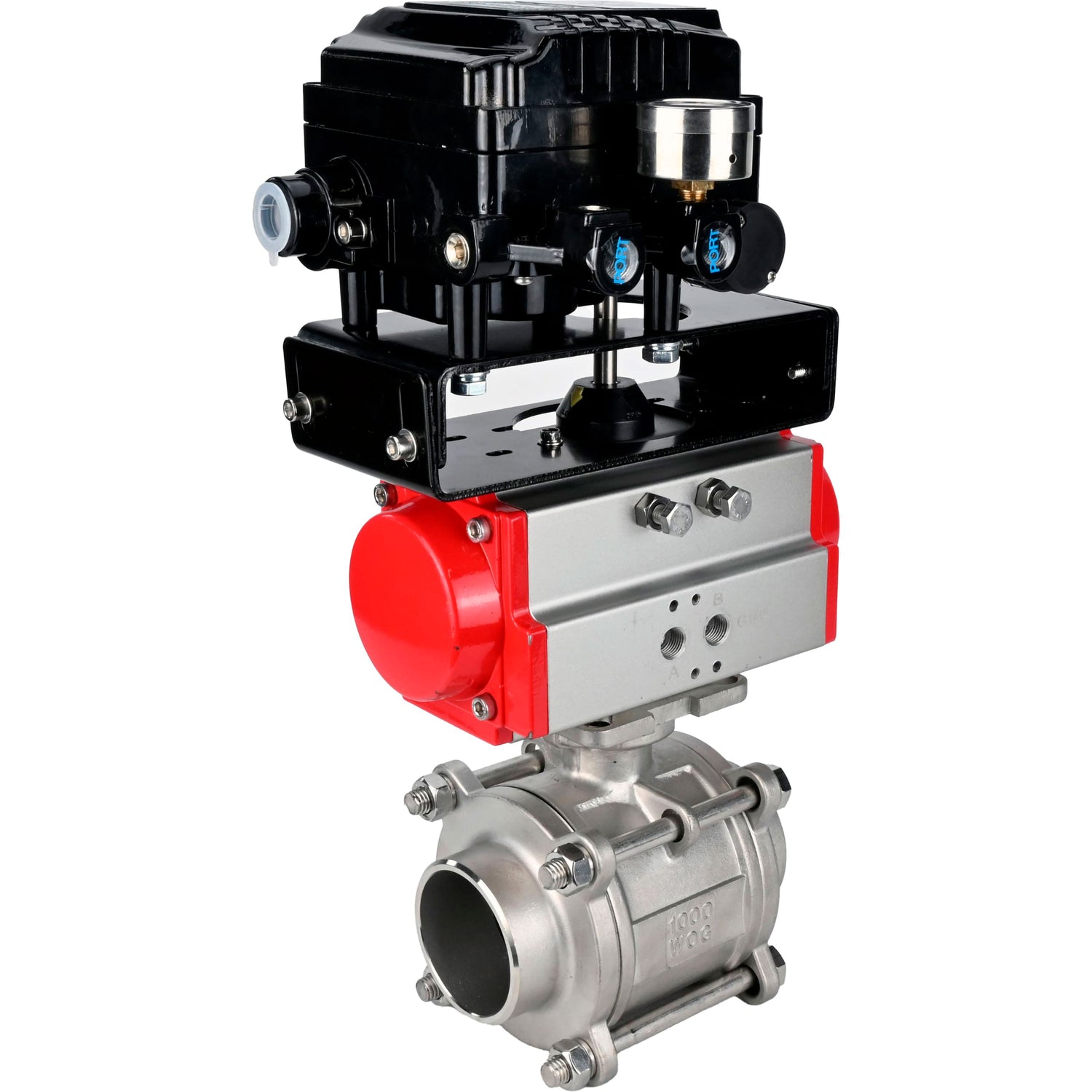 Ball valves Elephant BV3232P(3pc)-FP-W-ISO-H WDVF DN15-32 63 bar full bore, body - 316 stainless steel, seal - PTFE, for welding, with PA-SA pneumatic actuato, YT-1000RSN electro-pneumatic rotary positioner with feedback