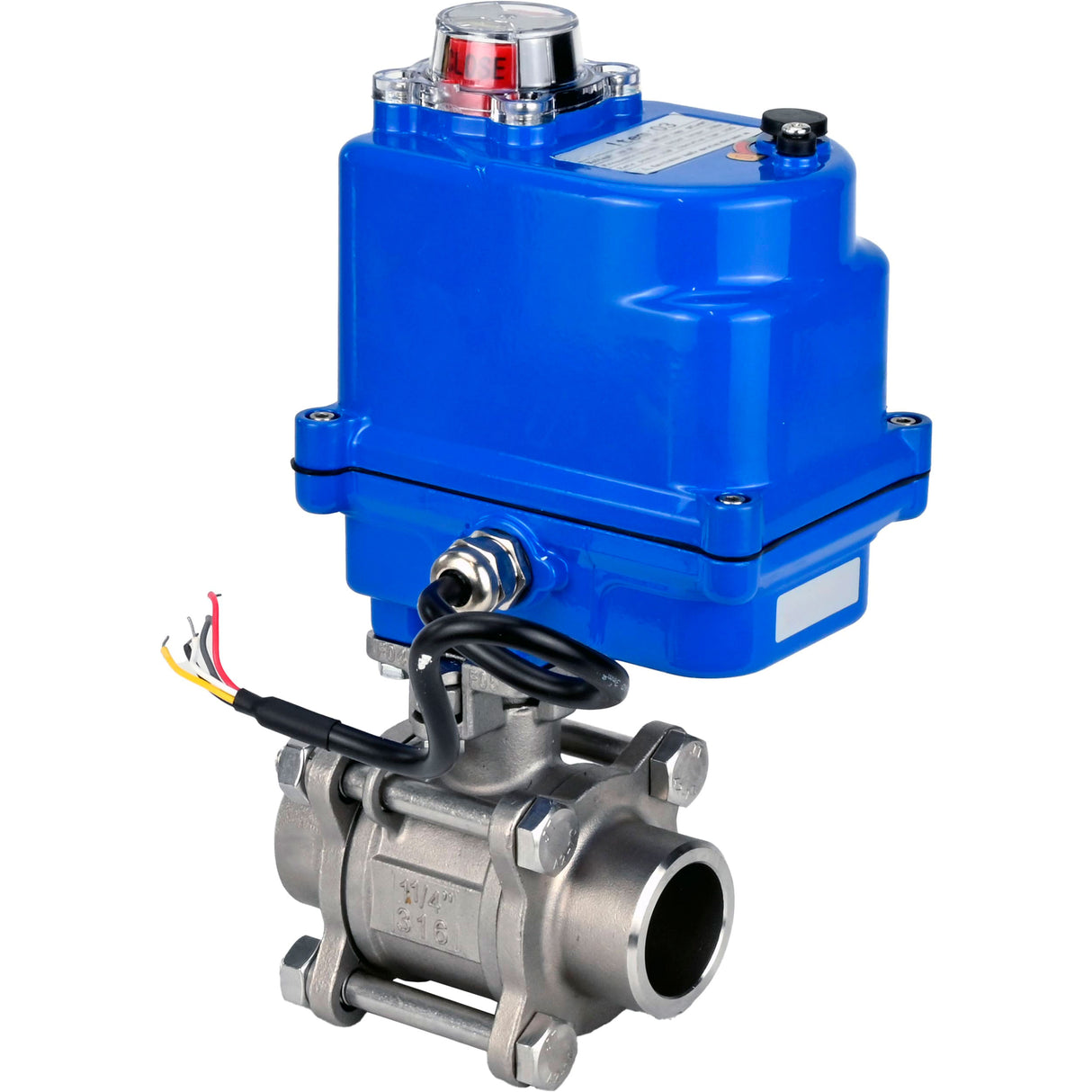 Ball valves Elephant BV3232P(3pc)-FP-W-ISO-H WDVF DN15-32 63 bar full bore, body - 316 stainless steel, seal - PTFE, for welding, with a 1/4-turn electric drive Elephant QT-N-EM-O1-12VDC-U1 blue