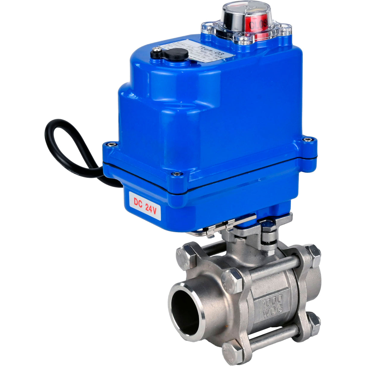 Ball valves Elephant BV3232P(3pc)-FP-W-ISO-H WDVF DN15-32 63 bar full bore, body - 316 stainless steel, seal - PTFE, for welding, with a 1/4-turn electric drive Elephant QT-N-EM-O1-12VDC-U1 blue