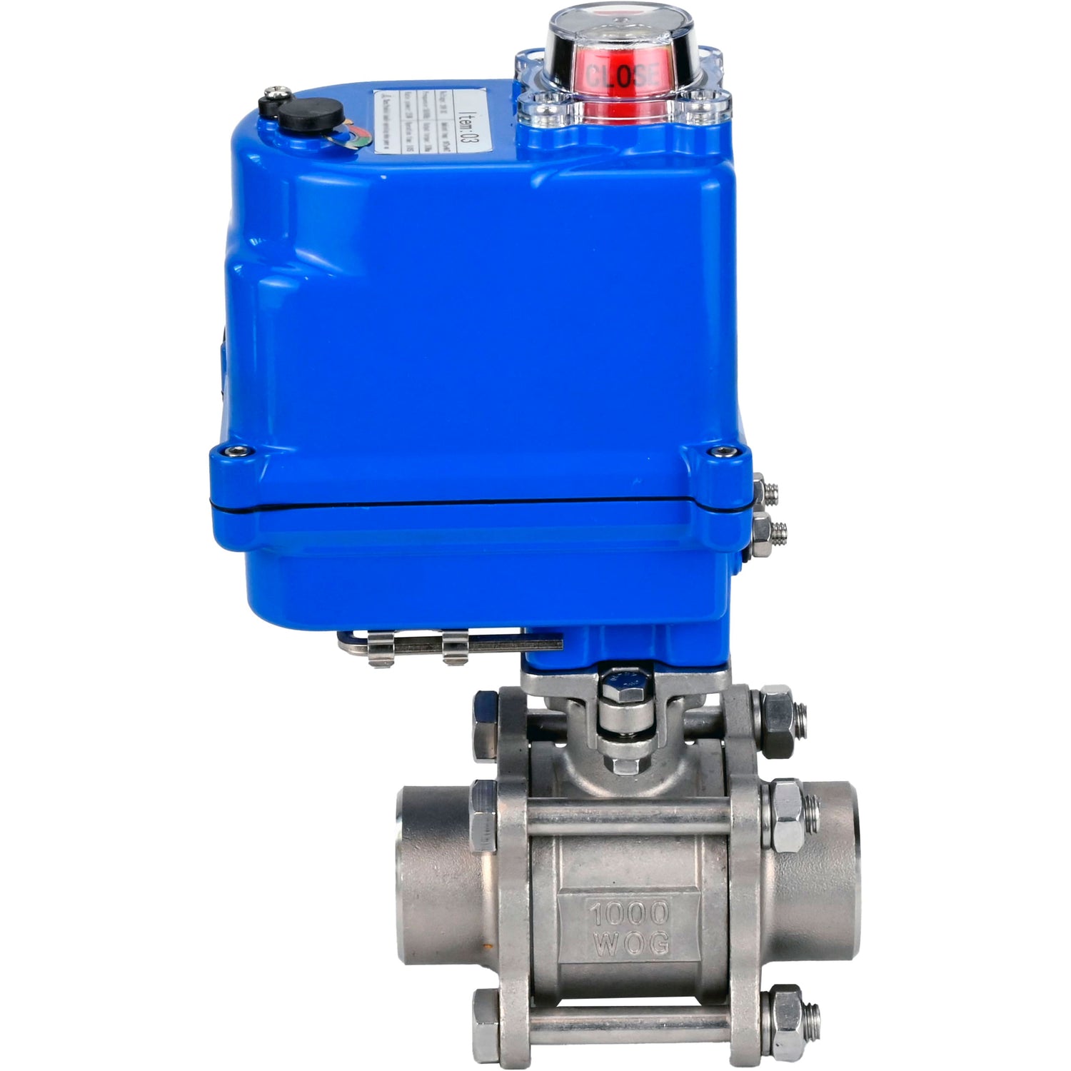 Ball valves Elephant BV3232P(3pc)-FP-W-ISO-H WDVF DN15-32 63 bar full bore, body - 316 stainless steel, seal - PTFE, for welding, with a 1/4-turn electric drive Elephant QT-N-EM-O1-12VDC-U1 blue
