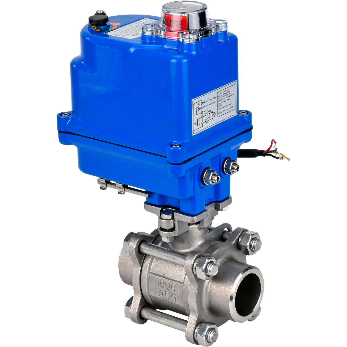 Ball valves Elephant BV3232P(3pc)-FP-W-ISO-H WDVF DN15-32 63 bar full bore, body - 316 stainless steel, seal - PTFE, for welding, with a 1/4-turn electric drive Elephant QT-N-EM-O1-12VDC-U1 blue