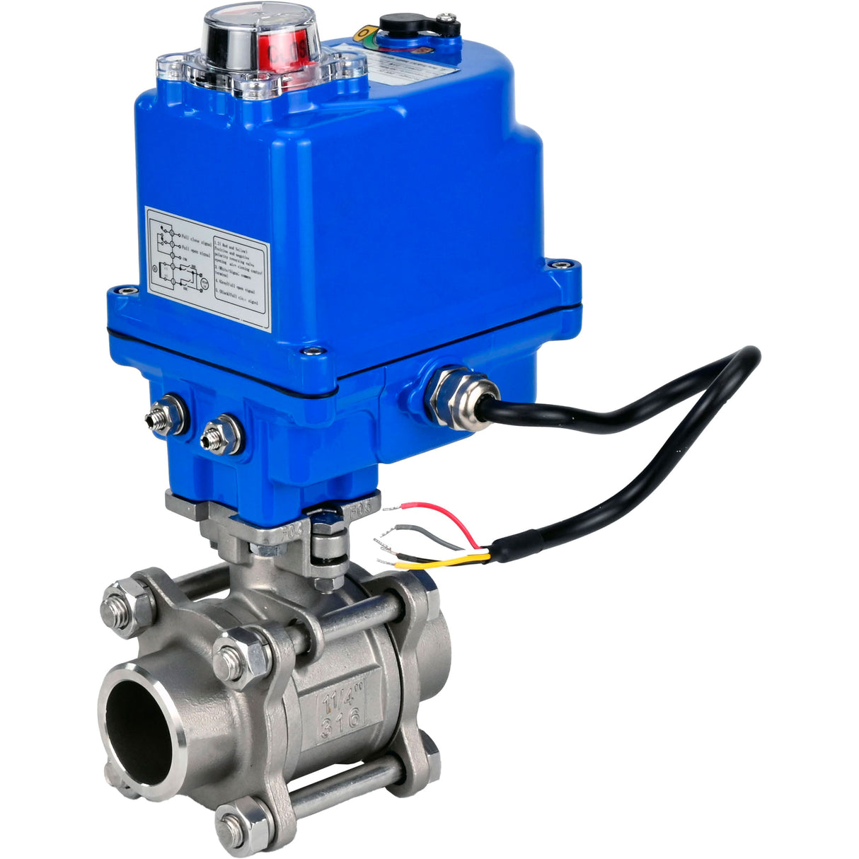 Ball valves Elephant BV3232P(3pc)-FP-W-ISO-H WDVF DN15-32 63 bar full bore, body - 316 stainless steel, seal - PTFE, for welding, with a 1/4-turn electric drive Elephant QT-N-EM-O1-12VDC-U1 blue