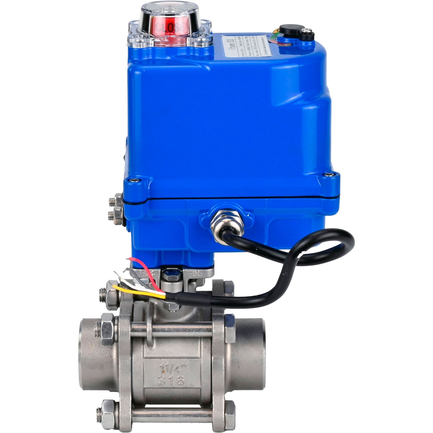 Ball valves Elephant BV3232P(3pc)-FP-W-ISO-H WDVF DN15-32 63 bar full bore, body - 316 stainless steel, seal - PTFE, for welding, with a 1/4-turn electric drive Elephant QT-N-EM-O1-12VDC-U1 blue