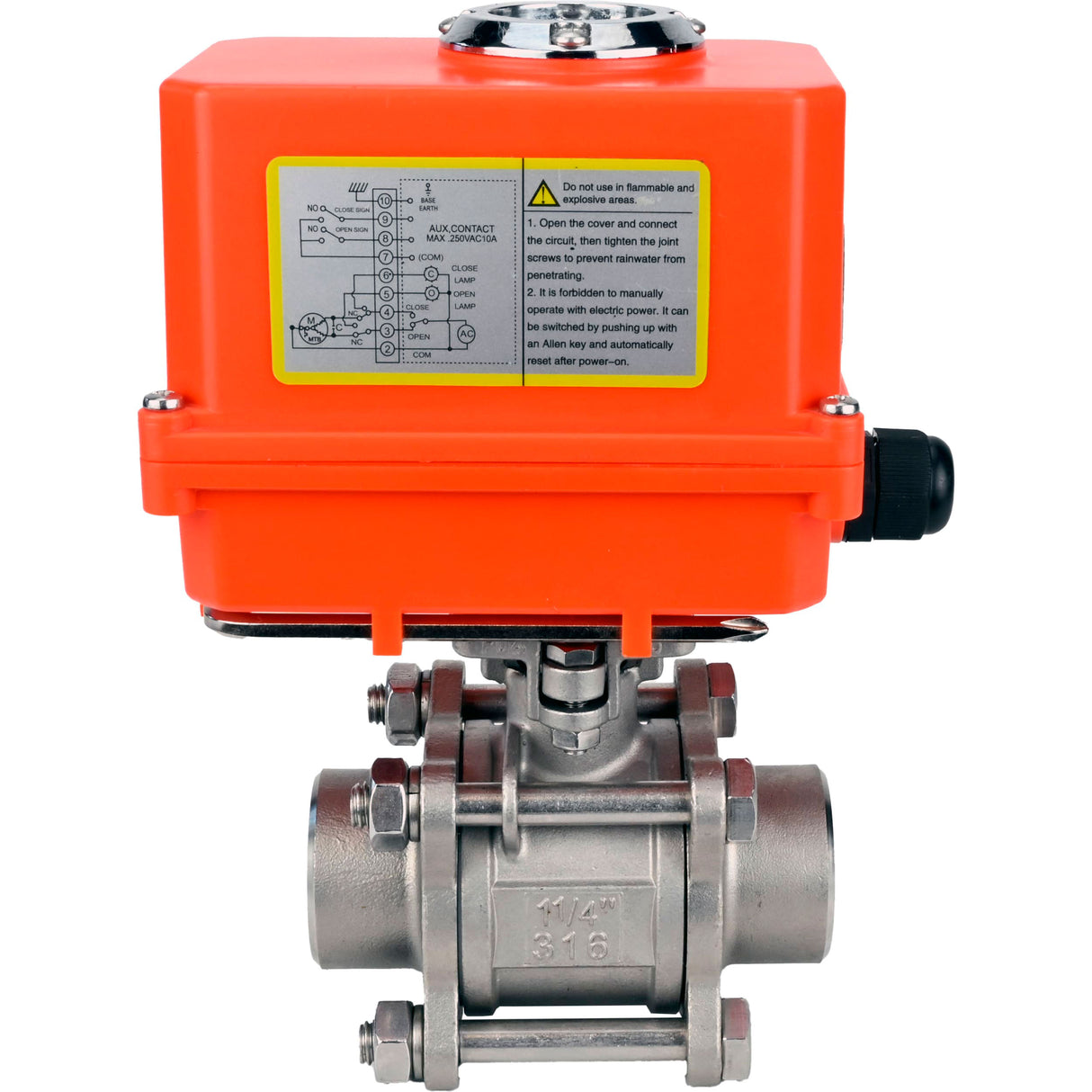Ball valves Elephant BV3232P(3pc)-FP-W-ISO-H WDVF DN15-32 63 bar full bore, body - 316 stainless steel, seal - PTFE, for welding, with a 1/4-turn electric drive Elephant QT-N-EM-O1-220VAC-U1 MINI