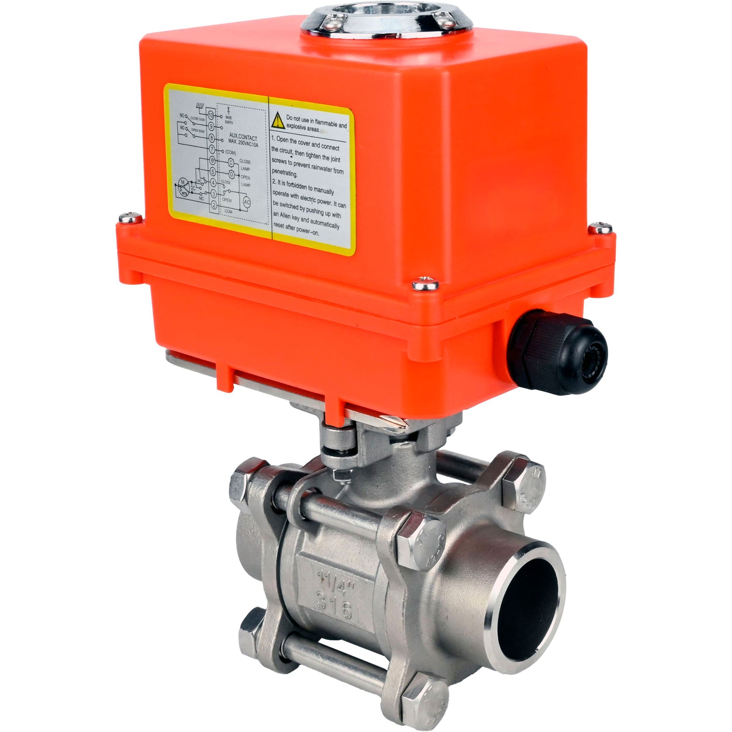 Ball valves Elephant BV3232P(3pc)-FP-W-ISO-H WDVF DN15-32 63 bar full bore, body - 316 stainless steel, seal - PTFE, for welding, with a 1/4-turn electric drive Elephant QT-N-EM-O1-220VAC-U1 MINI