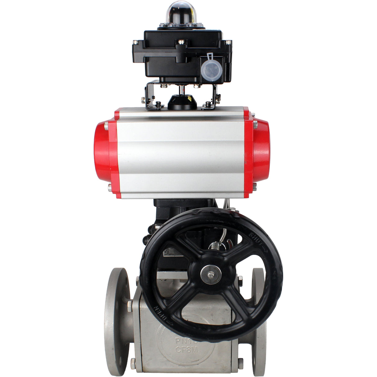 Ball valves Elephant BV3232P(4pc)-FP-3WL-F-ISO-H 16 bar full bore, flanged, body - stainless steel SS316, ISO flange F03/F04-F10/F12, square 9x9-19x19, with pneumatic drive PA-DA, mon/distributor 4M310-08 24V, LSU APL-410N EX and Doubler MON3-700-T38-ISO