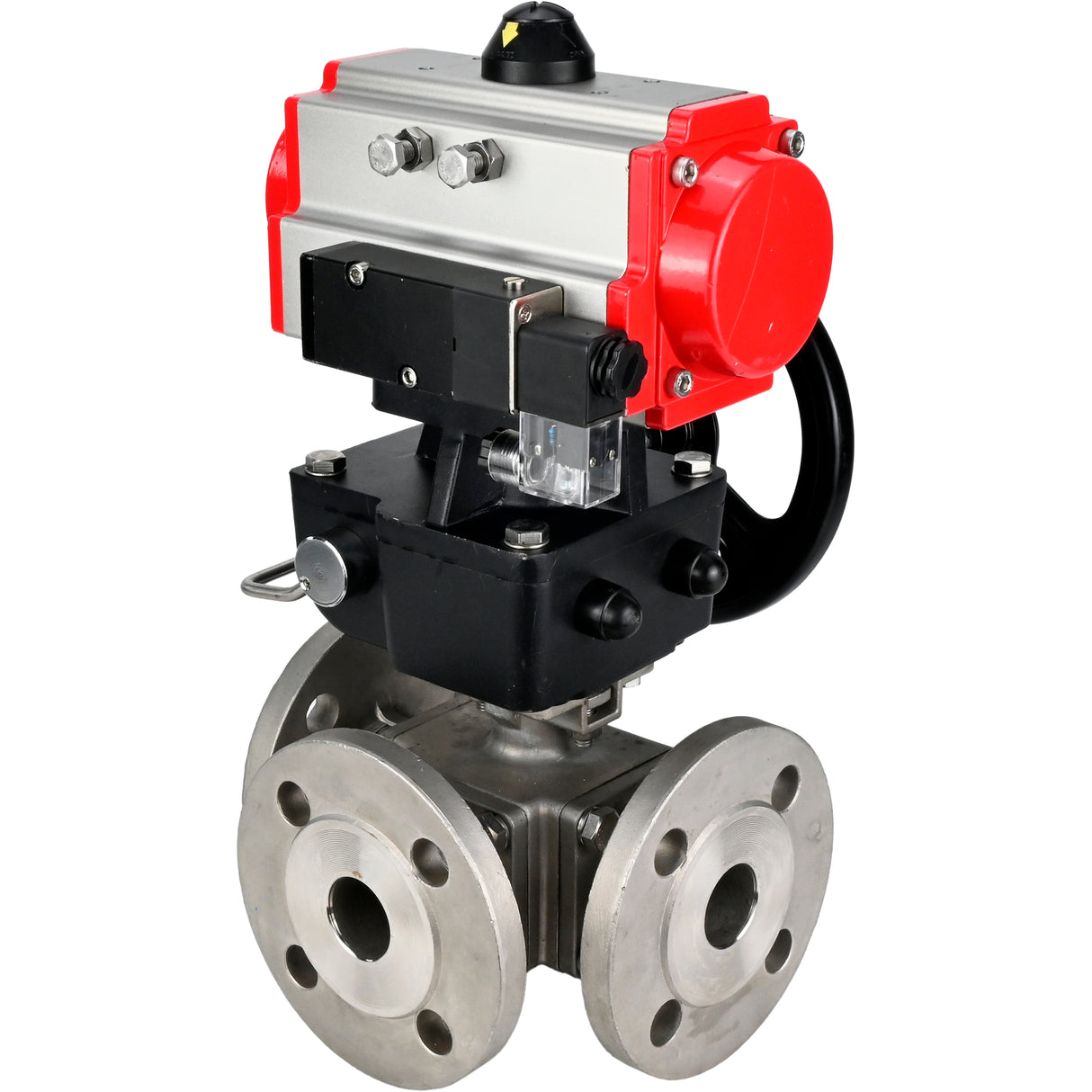 Ball valves Elephant BV3232P(4pc)-FP-3WL-F-ISO-H 16 bar full bore, flanged, body - stainless steel SS316, ISO flange F03/F04-F10/F12, square 9x9-19x19, with pneumatic drive PA-DA, pneumatic distributor 4M310-08 NAMUR 24V and Doubler MON3-700-T38-IS