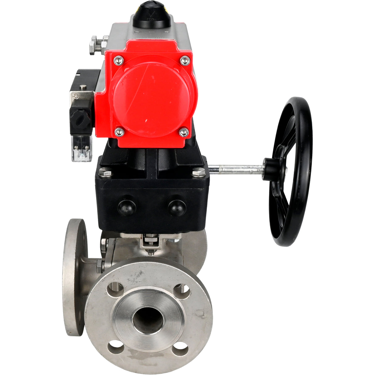 Ball valves Elephant BV3232P(4pc)-FP-3WL-F-ISO-H 16 bar full bore, flanged, body - stainless steel SS316, ISO flange F03/F04-F10/F12, square 9x9-19x19, with pneumatic drive PA-DA, pneumatic distributor 4M310-08 NAMUR 24V and Doubler MON3-700-T38-IS