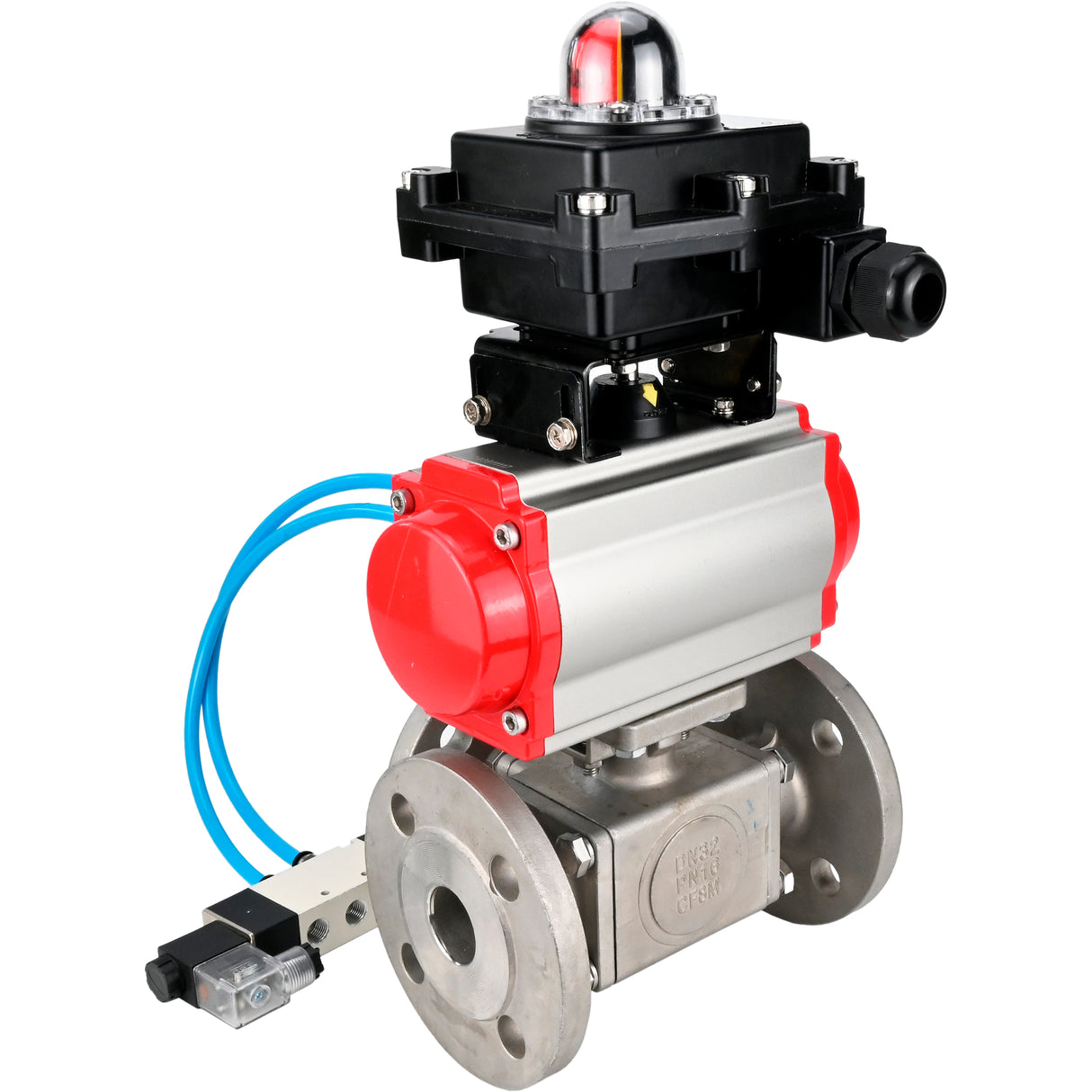 Ball valves Elephant BV3232P(4pc)-FP-3WL-F-ISO-H 16 bar full bore, flanged, body - stainless steel SS316, ISO flange F03/F04-F10/F12, square 9x9-19x19, with pneumatic drive PA-SA, pneumatic valve 4V320-10 220V and LSU APL-410N EX