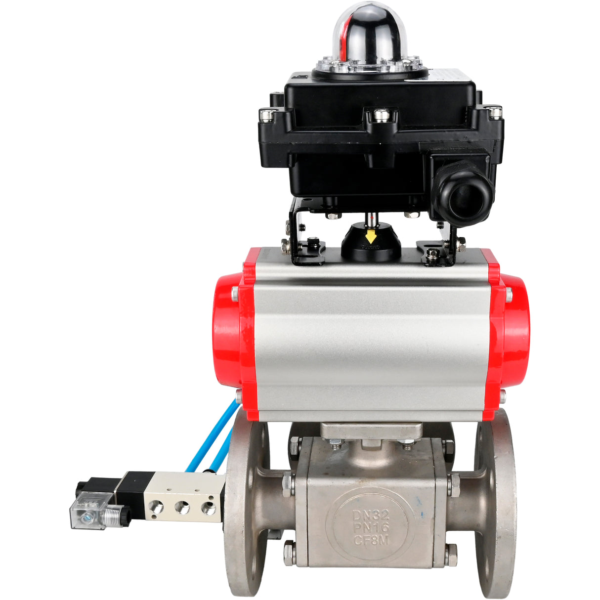 Ball valves Elephant BV3232P(4pc)-FP-3WL-F-ISO-H 16 bar full bore, flanged, body - stainless steel SS316, ISO flange F03/F04-F10/F12, square 9x9-19x19, with pneumatic drive PA-SA, pneumatic valve 4V320-10 220V and LSU APL-410N EX