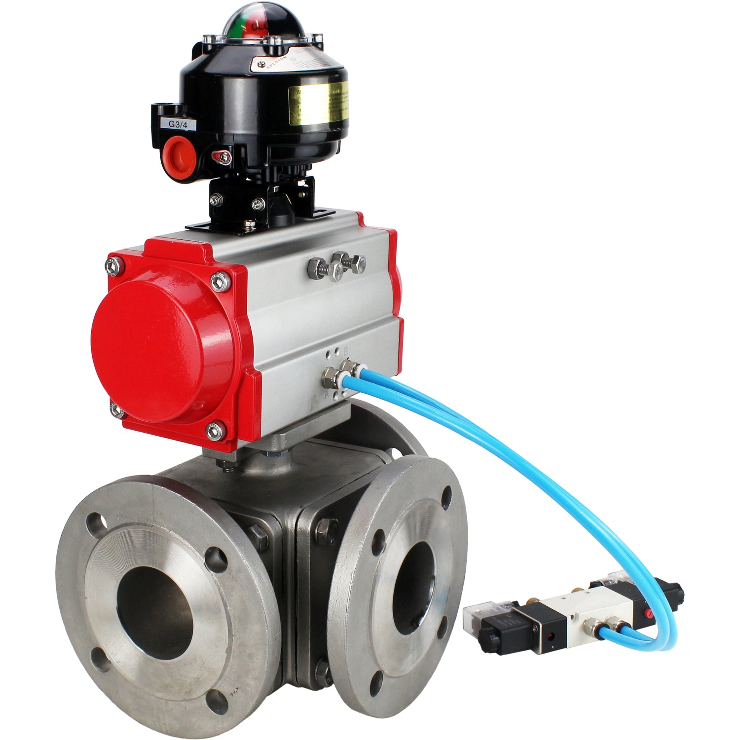 Ball valves Elephant BV3232P(4pc)-FP-3WL-F-ISO-H 16 bar full bore, flanged, body - stainless steel SS316, ISO flange F03/F04-F10/F12, square 9x9-19x19, with pneumatic drive PA-SA, pneumatic valve 4V320-10 220V and LSU APL-510N EX