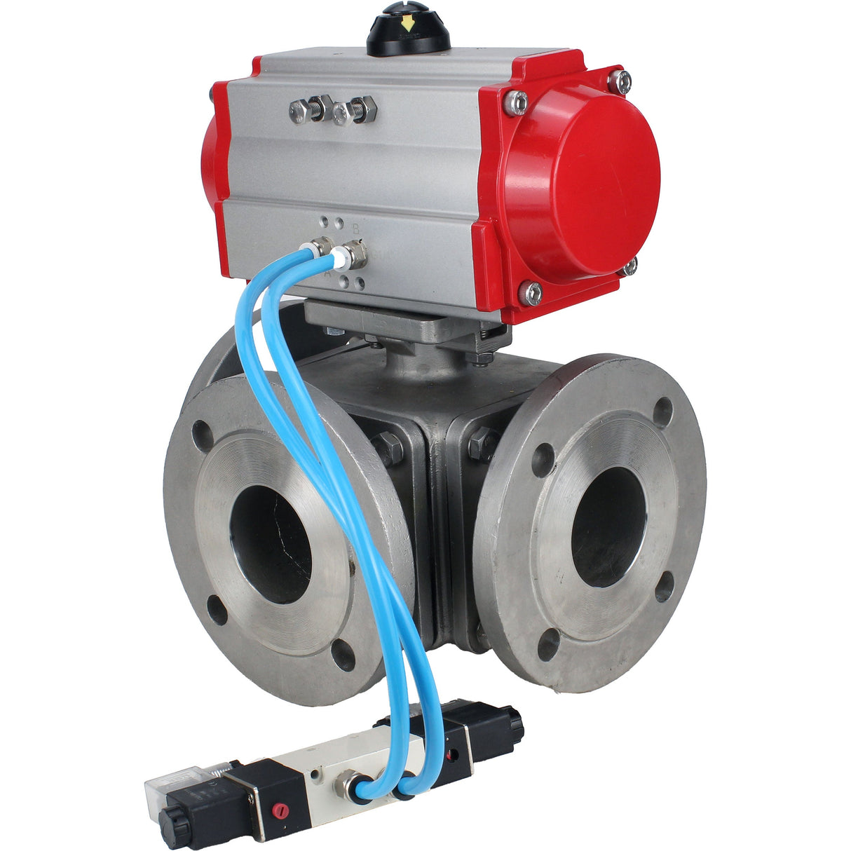 Ball valves Elephant BV3232P(4pc)-FP-3WL-F-ISO-H 16 bar full bore, flanged, body - stainless steel SS316, ISO flange F03/F04-F10/F12, square 9x9-19x19, with pneumatic drive PA-DA double acting and pneumatic distributor 4V320-8 220V