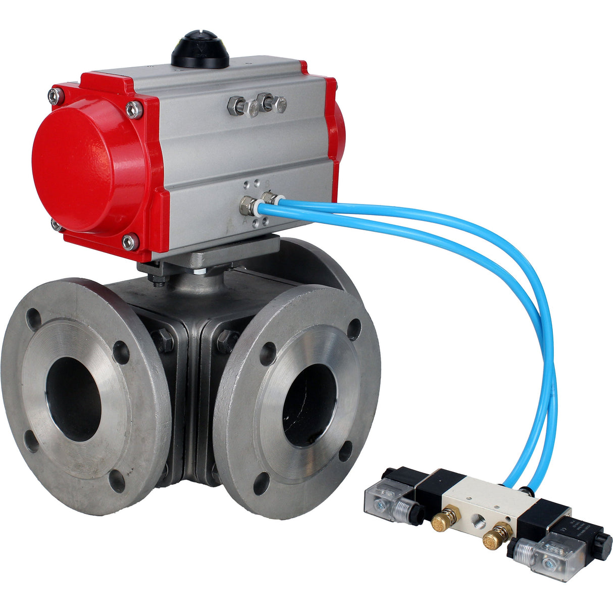 Ball valves Elephant BV3232P(4pc)-FP-3WL-F-ISO-H 16 bar full bore, flanged, body - stainless steel SS316, ISO flange F03/F04-F10/F12, square 9x9-19x19, with pneumatic drive PA-DA double acting and pneumatic distributor 4V320-10 220V