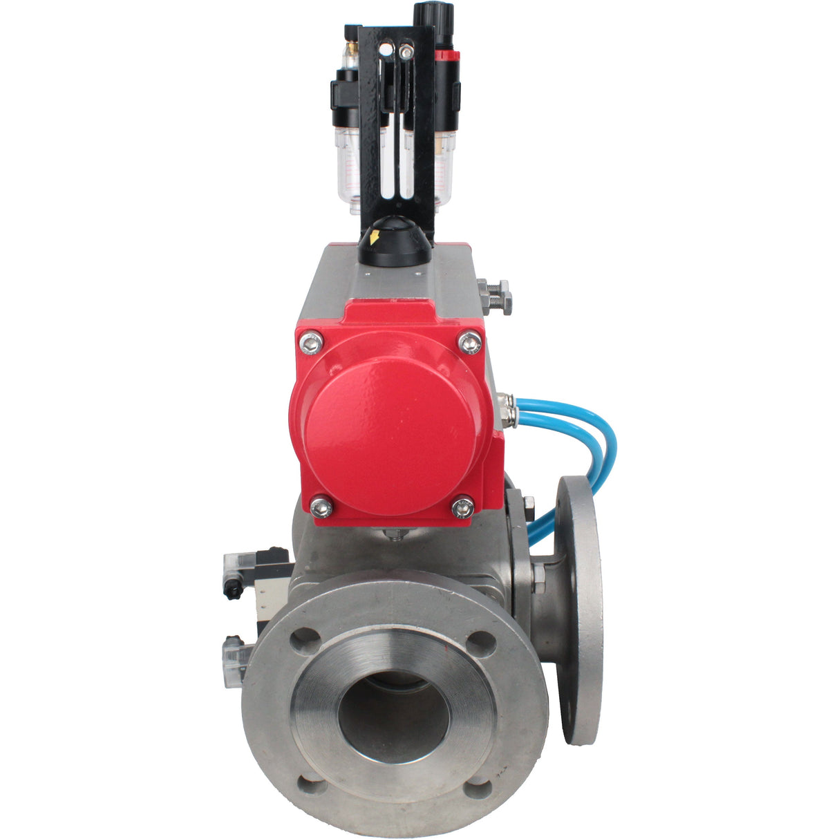 Ball valves Elephant BV3232P(4pc)-FP-3WL-F-ISO-H 16 bar full bore, flanged, body - stainless steel SS316, ISO flange F03/F04-F10/F12, square 9x9-19x19, with pneumatic drive PA-DA double acting, pneumatic valve 4V320-8 220V and ATU AF