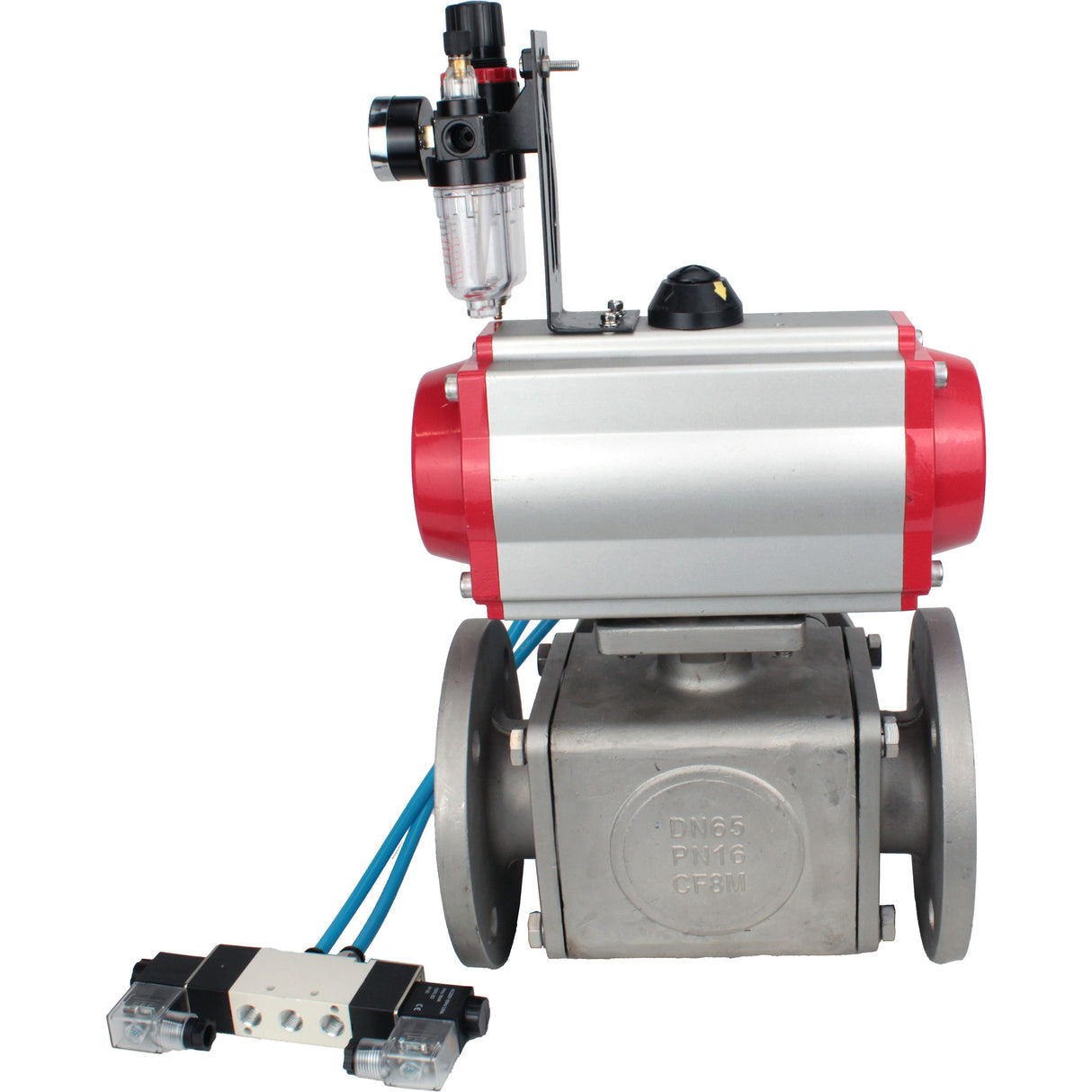 Ball valves Elephant BV3232P(4pc)-FP-3WL-F-ISO-H 16 bar full bore, flanged, body - stainless steel SS316, ISO flange F03/F04-F10/F12, square 9x9-19x19, with pneumatic drive PA-SA, pneumatic valve 4V320-8 220V and ATU AFC2000