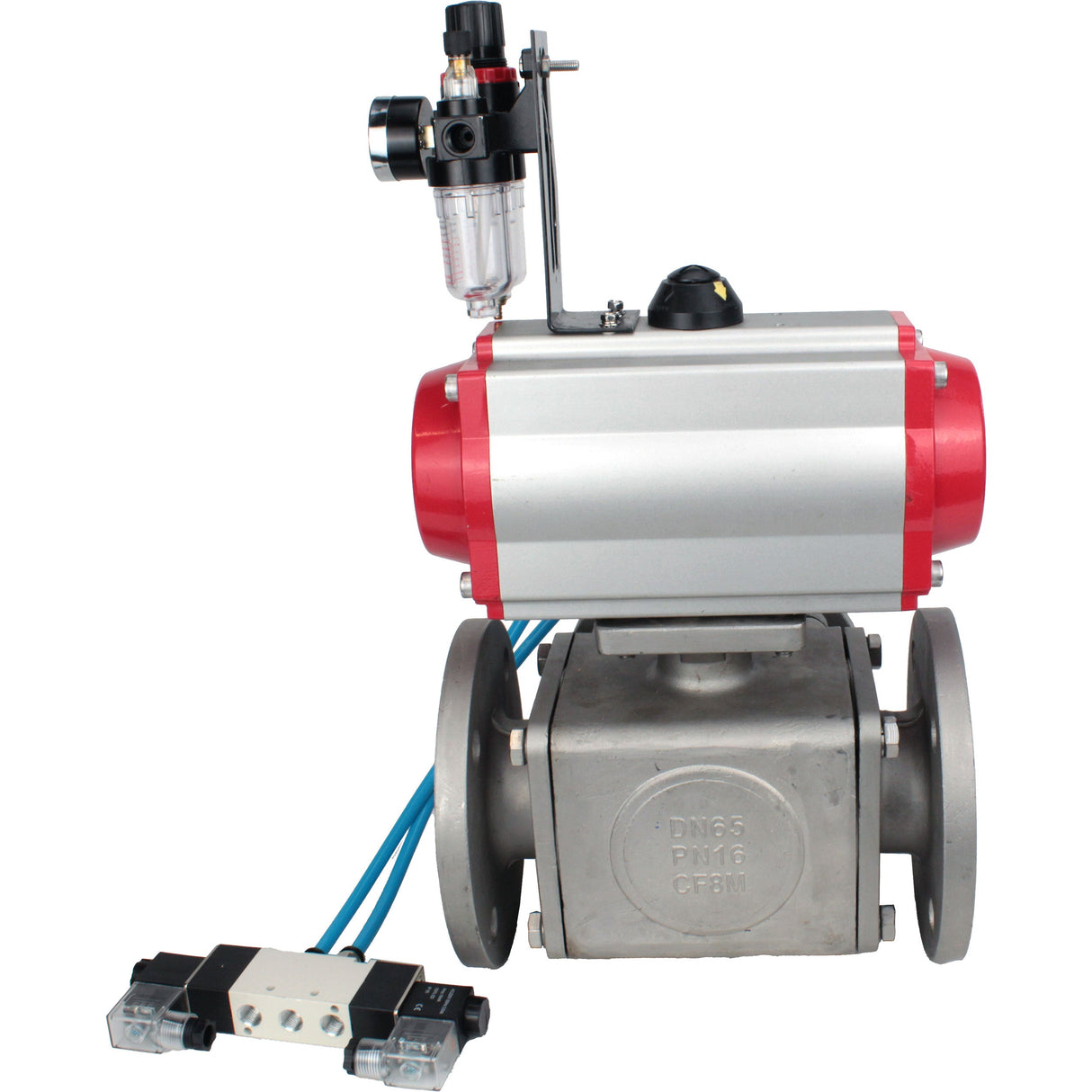 Ball valves Elephant BV3232P(4pc)-FP-3WL-F-ISO-H 16 bar full bore, flanged, body - stainless steel SS316, ISO flange F03/F04-F10/F12, square 9x9-19x19, with pneumatic drive PA-DA double acting, pneumatic valve 4V320-10 220V and ATU A