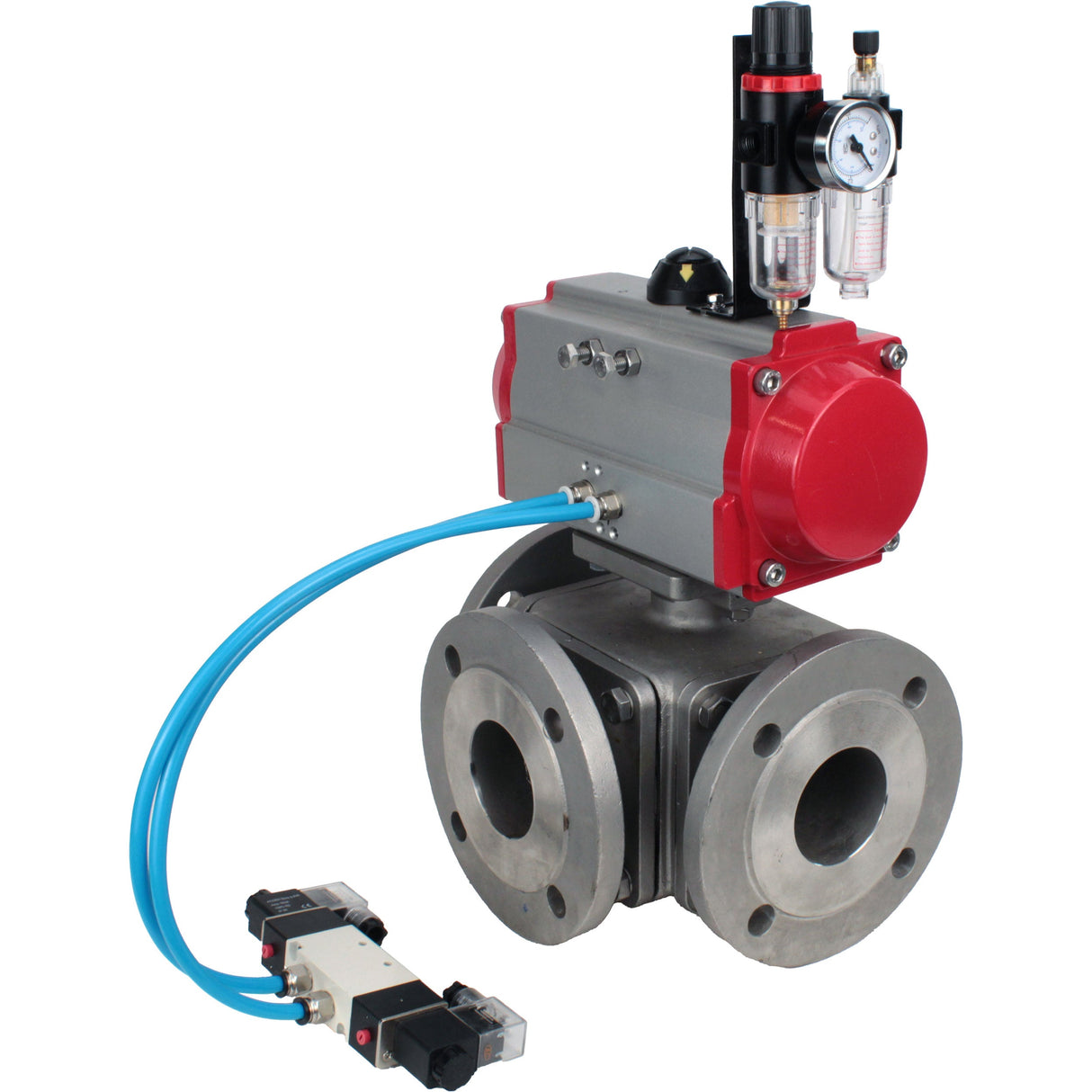 Ball valves Elephant BV3232P(4pc)-FP-3WL-F-ISO-H 16 bar full bore, flanged, body - stainless steel SS316, ISO flange F03/F04-F10/F12, square 9x9-19x19, with pneumatic drive PA-DA double acting, pneumatic valve 4V320-8 220V and ATU AF