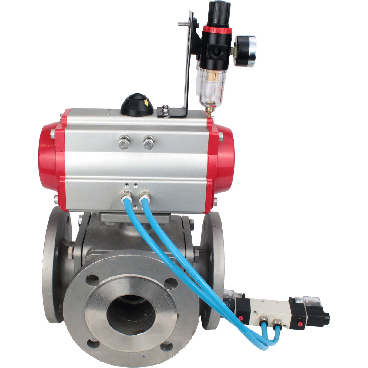 Ball valves Elephant BV3232P(4pc)-FP-3WL-F-ISO-H 16 bar full bore, flanged, body - stainless steel SS316, ISO flange F03/F04-F10/F12, square 9x9-19x19, with pneumatic drive PA-DA double acting, pneumatic valve 4V320-10 220V and ATU A
