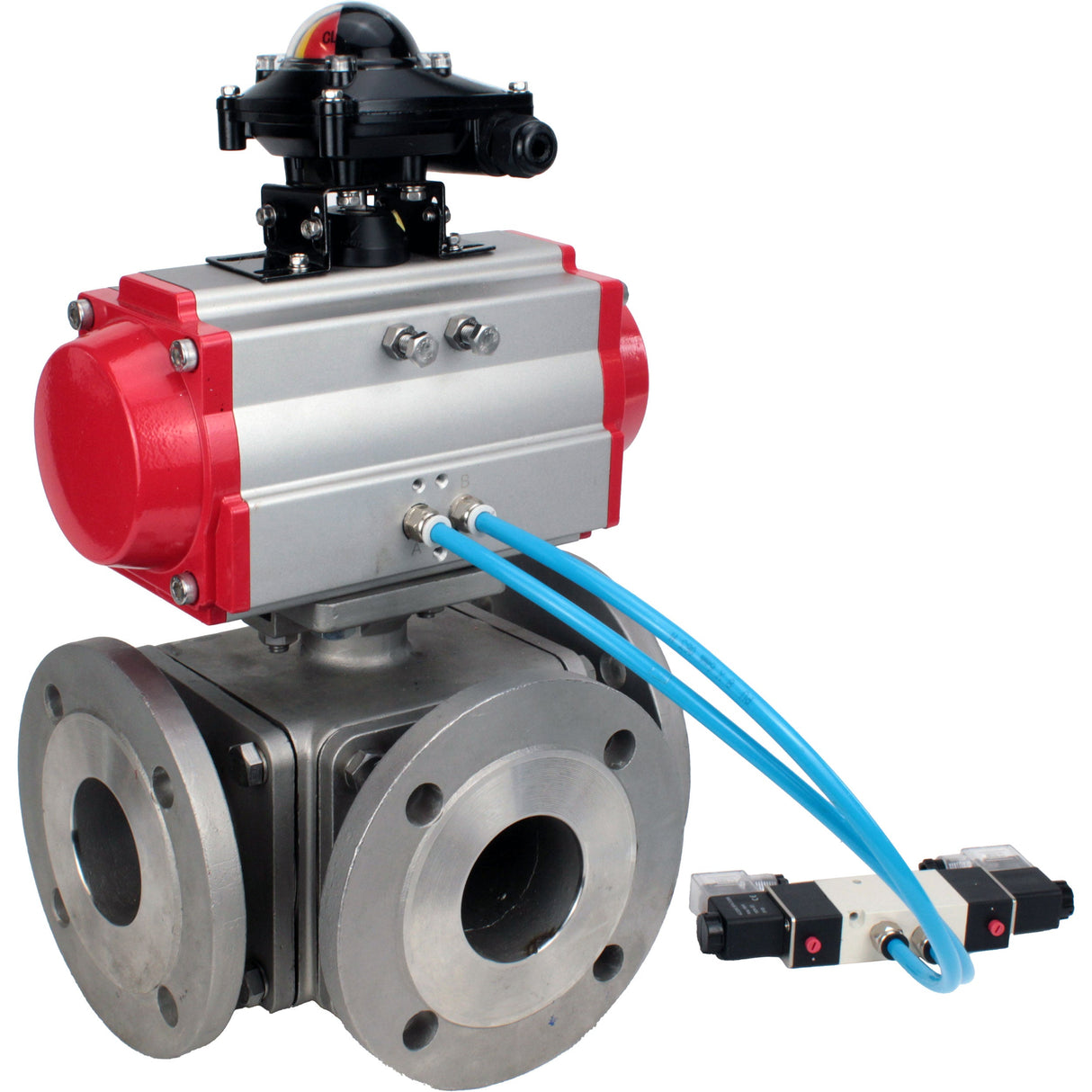 Ball valves Elephant BV3232P(4pc)-FP-3WL-F-ISO-H 16 bar full bore, flanged, body - stainless steel SS316, ISO flange F03/F04-F10/F12, square 9x9-19x19, with pneumatic drive PA-DA, pneumatic distributor 4V320-10 220V and LSU APL-210N