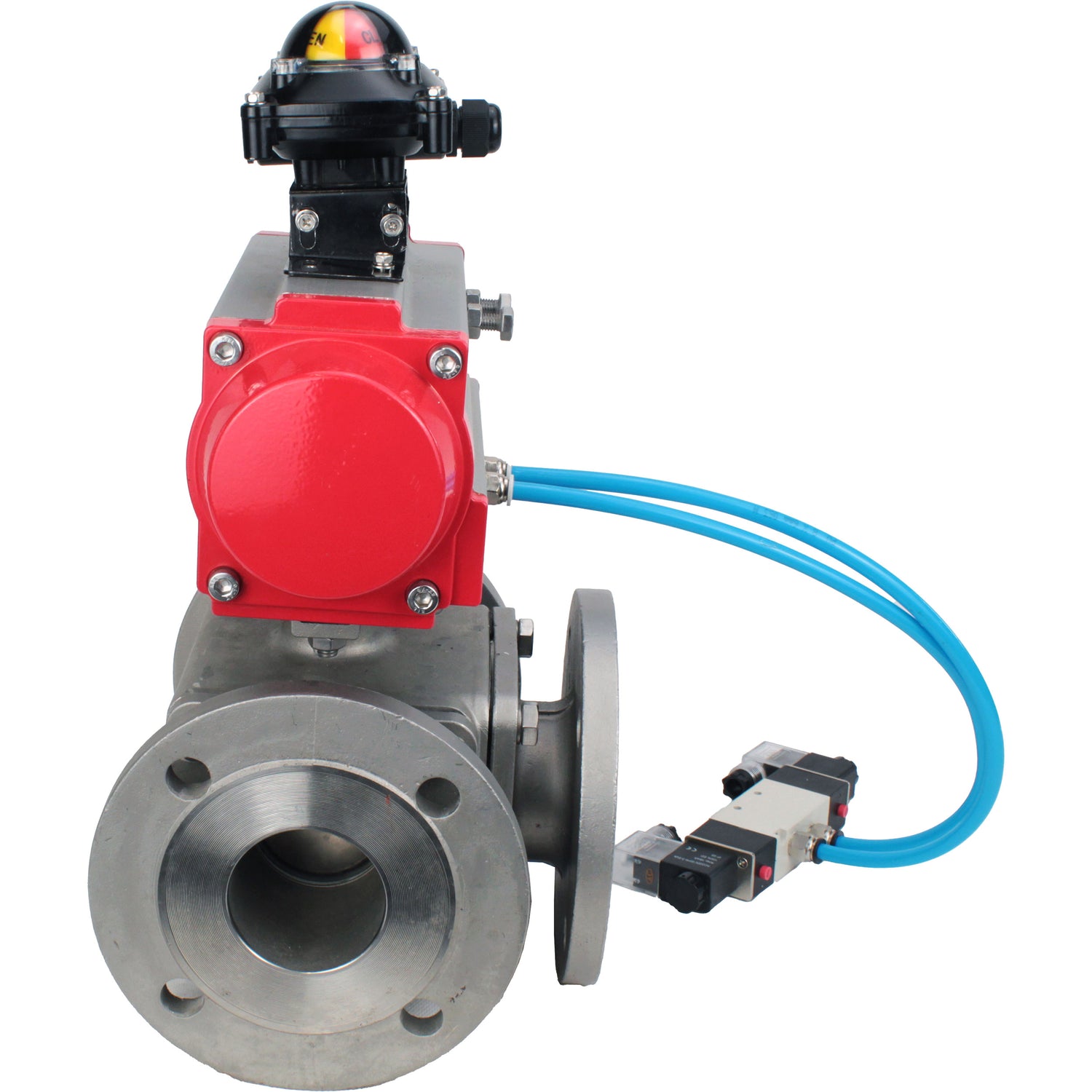 Ball valves Elephant BV3232P(4pc)-FP-3WL-F-ISO-H 16 bar full bore, flanged, body - stainless steel SS316, ISO flange F03/F04-F10/F12, square 9x9-19x19, with pneumatic drive PA-SA, pneumatic valve 4V320-8 220V and LSU APL-210N