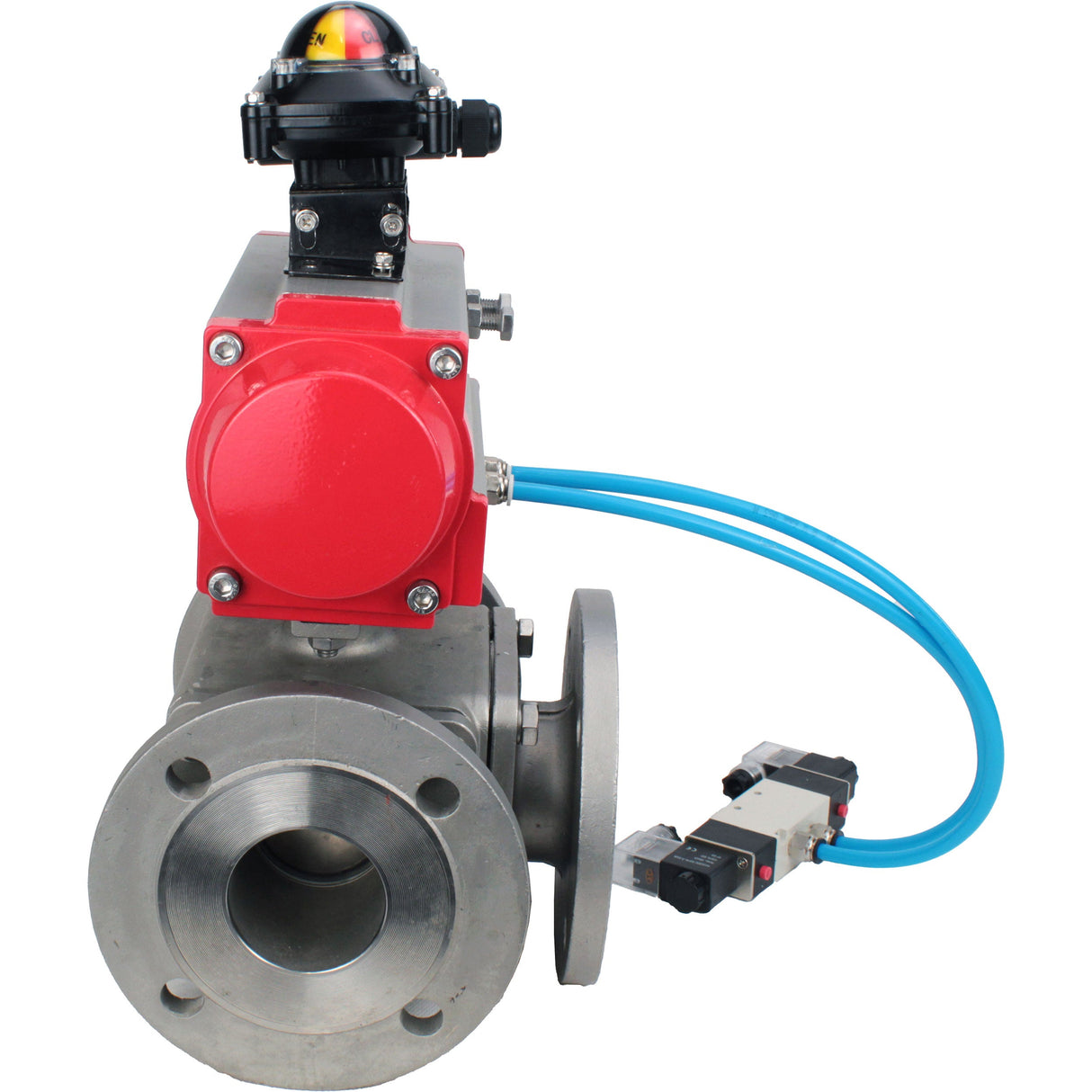 Ball valves Elephant BV3232P(4pc)-FP-3WL-F-ISO-H 16 bar full bore, flanged, body - stainless steel SS316, ISO flange F03/F04-F10/F12, square 9x9-19x19, with pneumatic drive PA-DA, pneumatic distributor 4V320-10 220V and LSU APL-210N