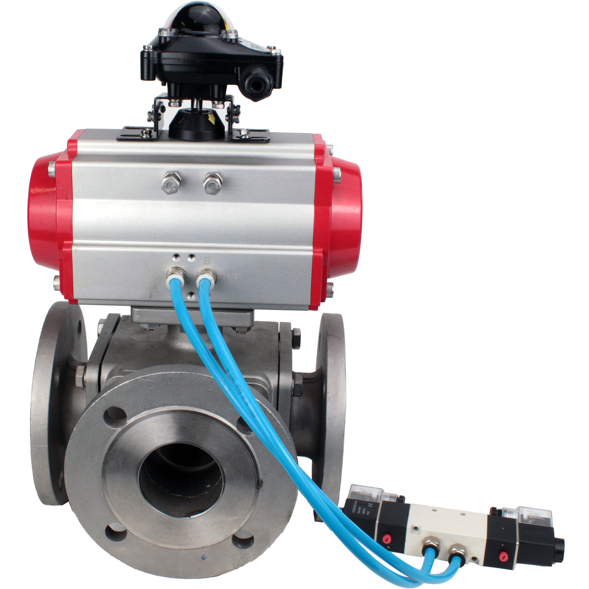 Ball valves Elephant BV3232P(4pc)-FP-3WL-F-ISO-H 16 bar full bore, flanged, body - stainless steel SS316, ISO flange F03/F04-F10/F12, square 9x9-19x19, with pneumatic drive PA-DA, pneumatic distributor 4V320-10 220V and LSU APL-210N