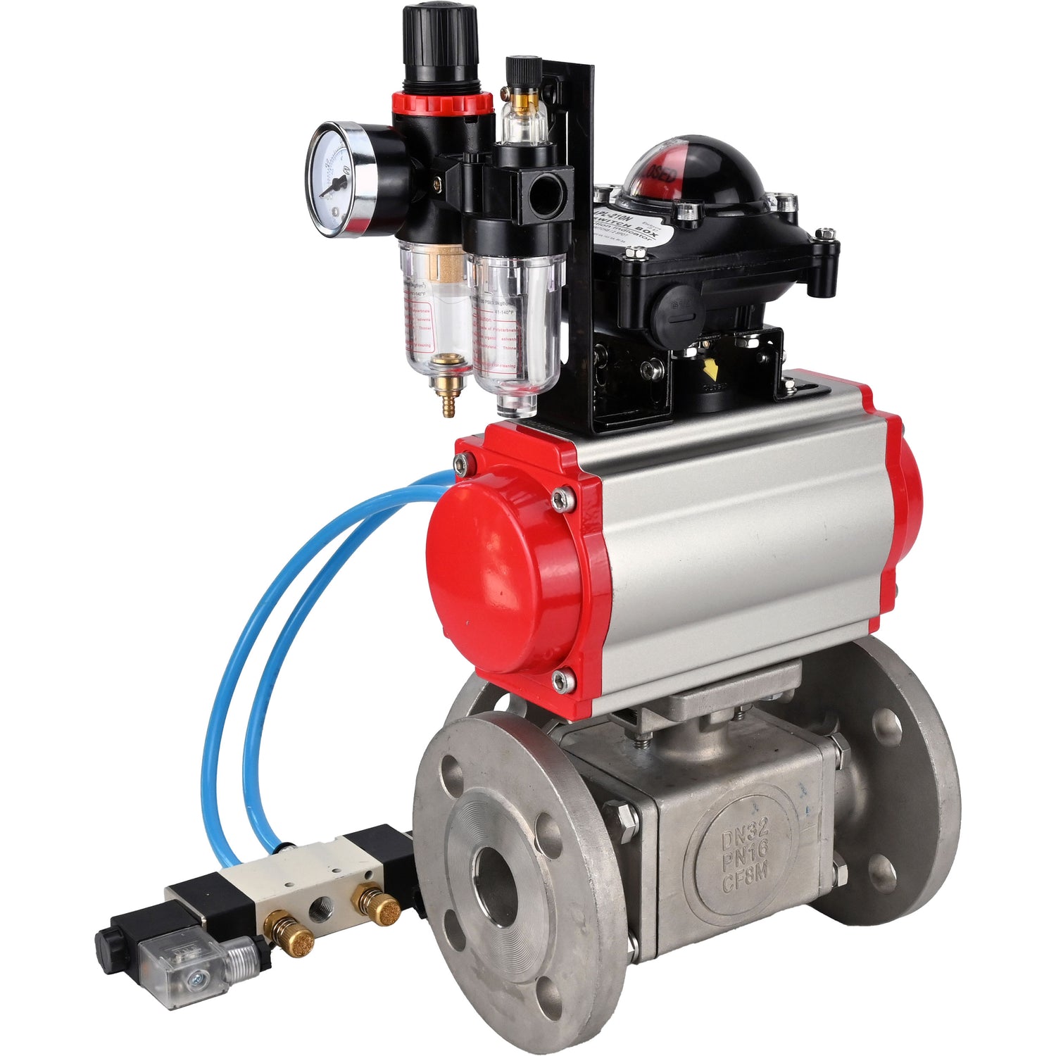 Ball valves Elephant BV3232P(4pc)-FP-3WL-F-ISO-H 16 bar full bore, flanged, body - stainless steel SS316, ISO flange F03/F04-F10/F12, square 9x9-19x19, with pneumatic drive PA-SA, pneumatic valve 4V320-8 220V, LSU APL-210N and ATU AFC200