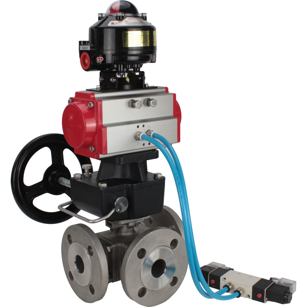 Ball valves Elephant BV3232P(4pc)-FP-3WL-F-ISO-H 16 bar full bore, flanged, body - stainless steel SS316, ISO flange F03/F04-F10/F12, square 9x9-19x19, with pneumatic drive PA-DA, mon/distributor 4V320-8 220V, LSU APL-510N EX and Doubler MON3-700-T38-ISO