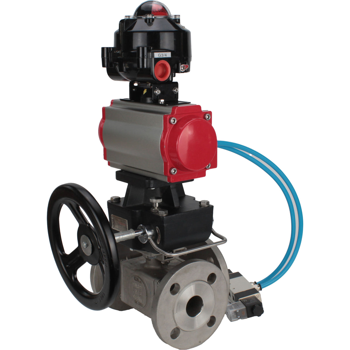 Ball valves Elephant BV3232P(4pc)-FP-3WL-F-ISO-H 16 bar full bore, flanged, body - stainless steel SS316, ISO flange F03/F04-F10/F12, square 9x9-19x19, with pneumatic drive PA-DA, mon/distributor 4V320-8 220V, LSU APL-510N EX and Doubler MON3-700-T38-ISO