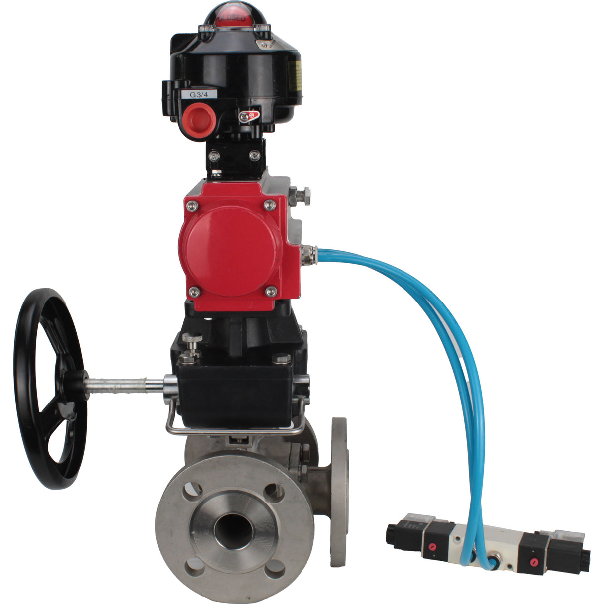 Ball valves Elephant BV3232P(4pc)-FP-3WL-F-ISO-H 16 bar full bore, flanged, body - stainless steel SS316, ISO flange F03/F04-F10/F12, square 9x9-19x19, with pneumatic drive PA-DA, mon/distributor 4V320-8 220V, LSU APL-510N EX and Doubler MON3-700-T38-ISO