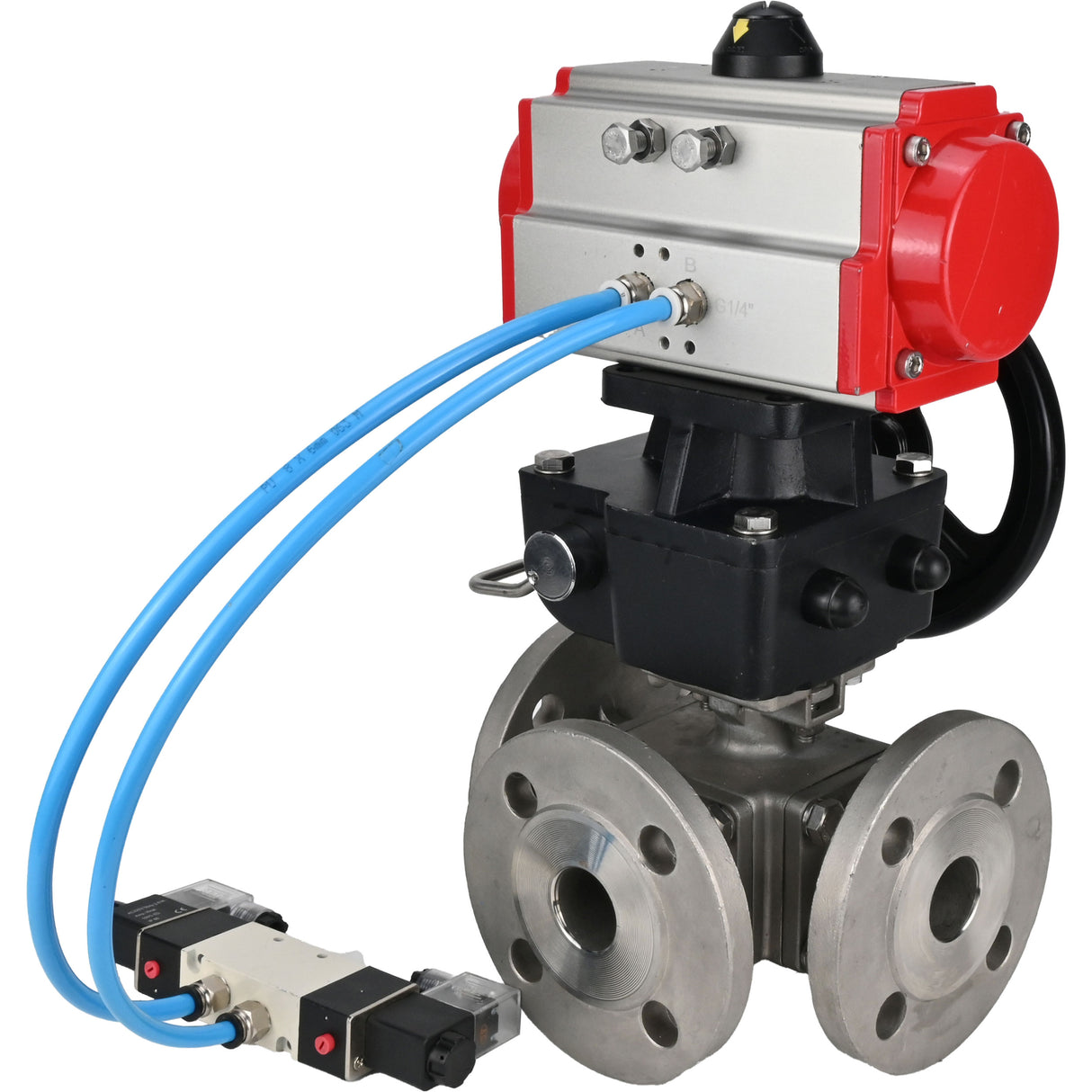 Ball valves Elephant BV3232P(4pc)-FP-3WL-F-ISO-H 16 bar full bore, flanged, body - stainless steel SS316, ISO flange F03/F04-F10/F12, square 9x9-19x19, with pneumatic drive PA-DA, pneumatic distributor 4V320-10 220V and Doubler MON3-700-T38-I