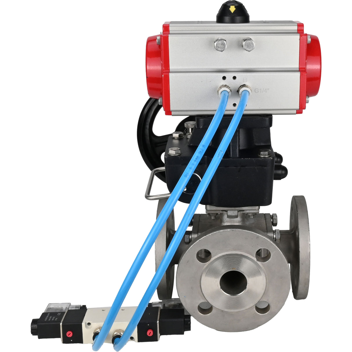 Ball valves Elephant BV3232P(4pc)-FP-3WL-F-ISO-H 16 bar full bore, flanged, body - stainless steel SS316, ISO flange F03/F04-F10/F12, square 9x9-19x19, with pneumatic drive PA-DA, pneumatic distributor 4V320-10 220V and Doubler MON3-700-T38-I