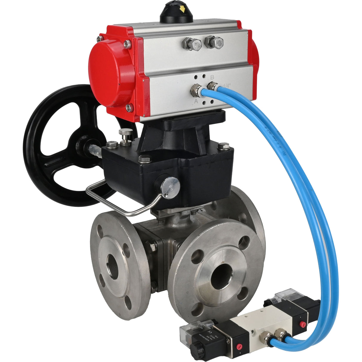 Ball valves Elephant BV3232P(4pc)-FP-3WL-F-ISO-H 16 bar full bore, flanged, body - stainless steel SS316, ISO flange F03/F04-F10/F12, square 9x9-19x19, with pneumatic drive PA-DA, pneumatic distributor 4V320-10 220V and Doubler MON3-700-T38-I