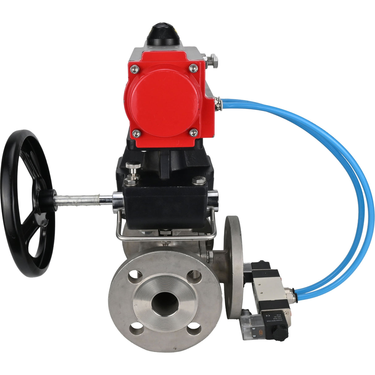 Ball valves Elephant BV3232P(4pc)-FP-3WL-F-ISO-H 16 bar full bore, flanged, body - stainless steel SS316, ISO flange F03/F04-F10/F12, square 9x9-19x19, with pneumatic drive PA-DA, pneumatic distributor 4V320-10 220V and Doubler MON3-700-T38-I