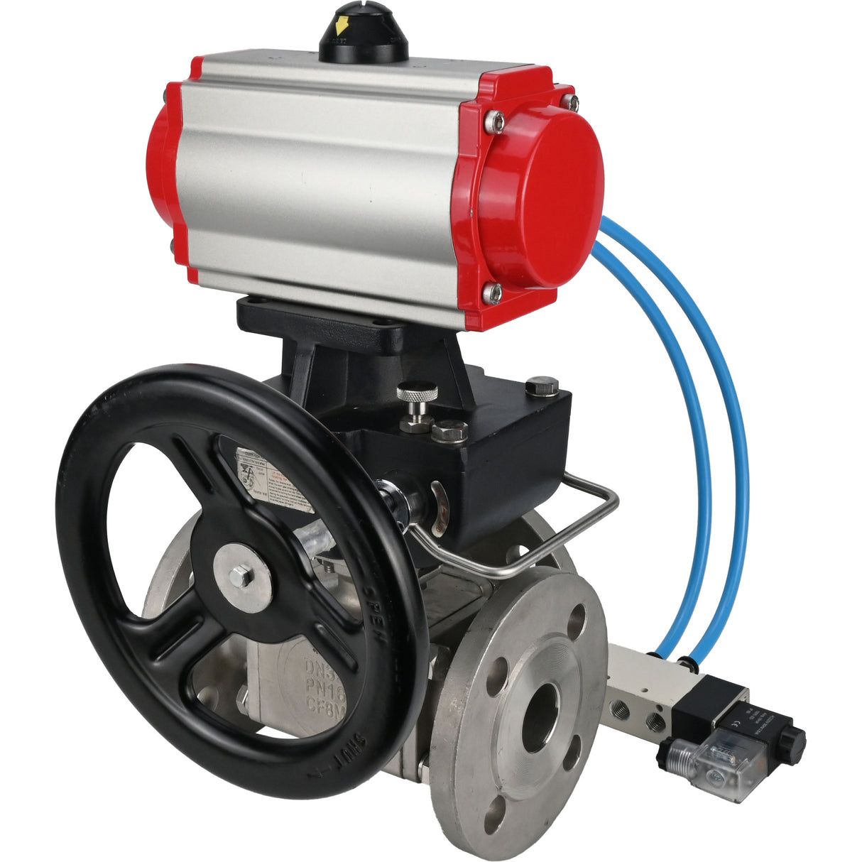 Ball valves Elephant BV3232P(4pc)-FP-3WL-F-ISO-H 16 bar full bore, flanged, body - stainless steel SS316, ISO flange F03/F04-F10/F12, square 9x9-19x19, with pneumatic drive PA-DA, pneumatic distributor 4V320-10 220V and Doubler MON3-700-T38-I