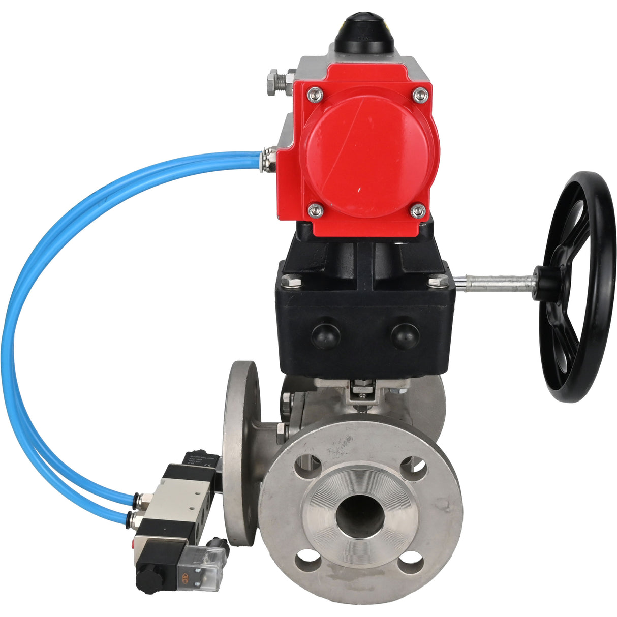 Ball valves Elephant BV3232P(4pc)-FP-3WL-F-ISO-H 16 bar full bore, flanged, body - stainless steel SS316, ISO flange F03/F04-F10/F12, square 9x9-19x19, with pneumatic drive PA-DA, pneumatic distributor 4V320-10 220V and Doubler MON3-700-T38-I