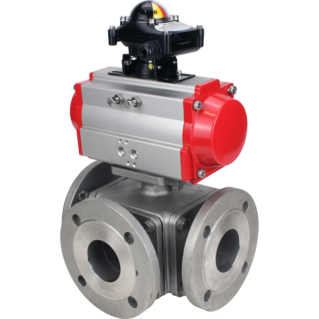 Ball valves Elephant BV3232P(4pc)-FP-3WL-F-ISO-H 16 bar full bore, flanged, body - stainless steel SS316, ISO flange F03/F04-F10/F12, square 9x9-19x19, with pneumatic drive Elephant PA-DA double action and LSU APL-210N