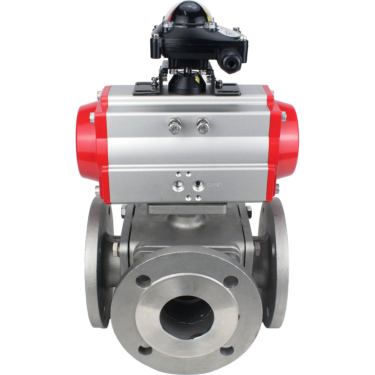 Ball valves Elephant BV3232P(4pc)-FP-3WL-F-ISO-H 16 bar full bore, flanged, body - stainless steel SS316, ISO flange F03/F04-F10/F12, square 9x9-19x19, with pneumatic drive Elephant PA-DA double action and LSU APL-210N