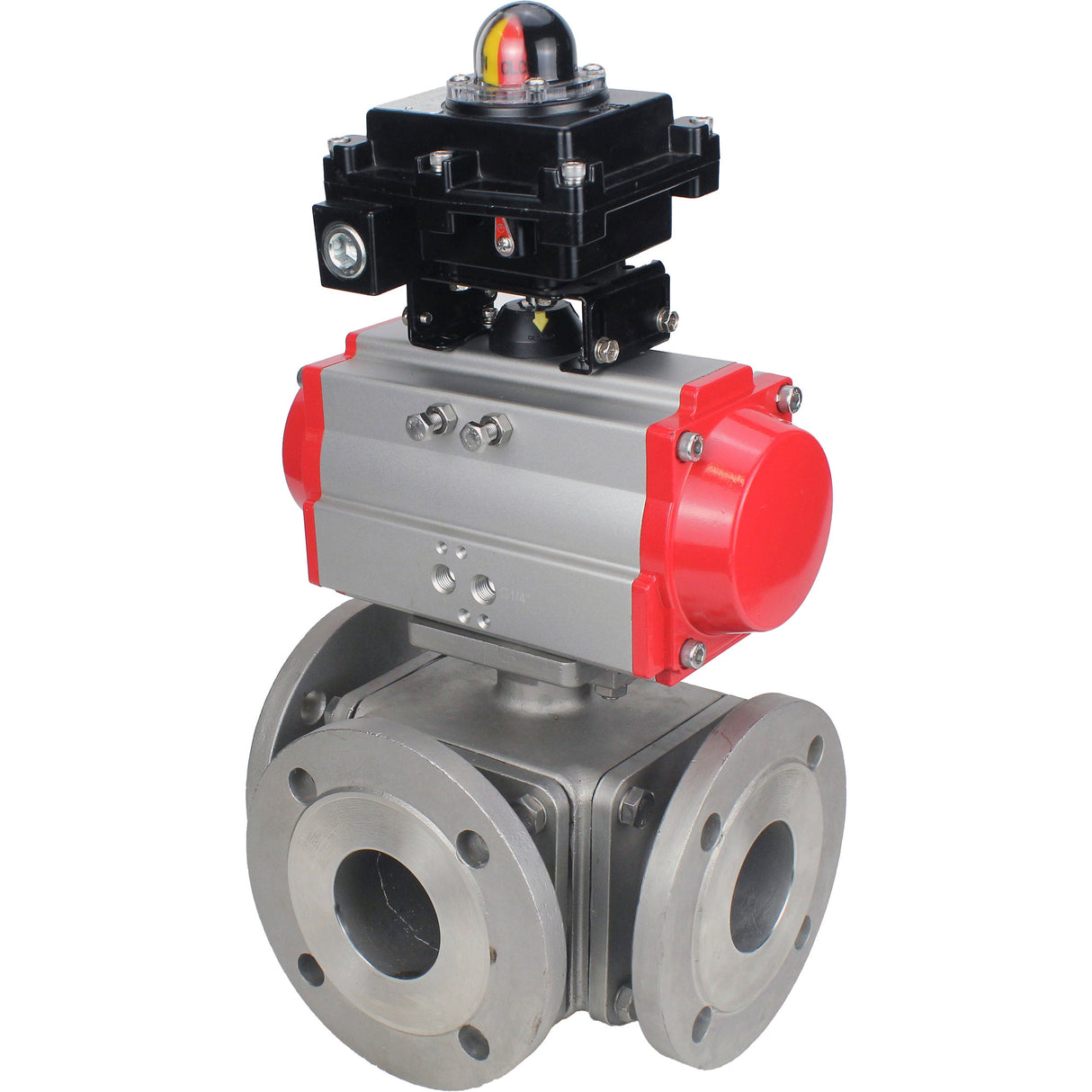Ball valves Elephant BV3232P(4pc)-FP-3WL-F-ISO-H 16 bar full bore, flanged, body - stainless steel SS316, ISO flange F03/F04-F10/F12, square 9x9-19x19, with pneumatic drive Elephant PA-DA double action and LSU APL-410N EX