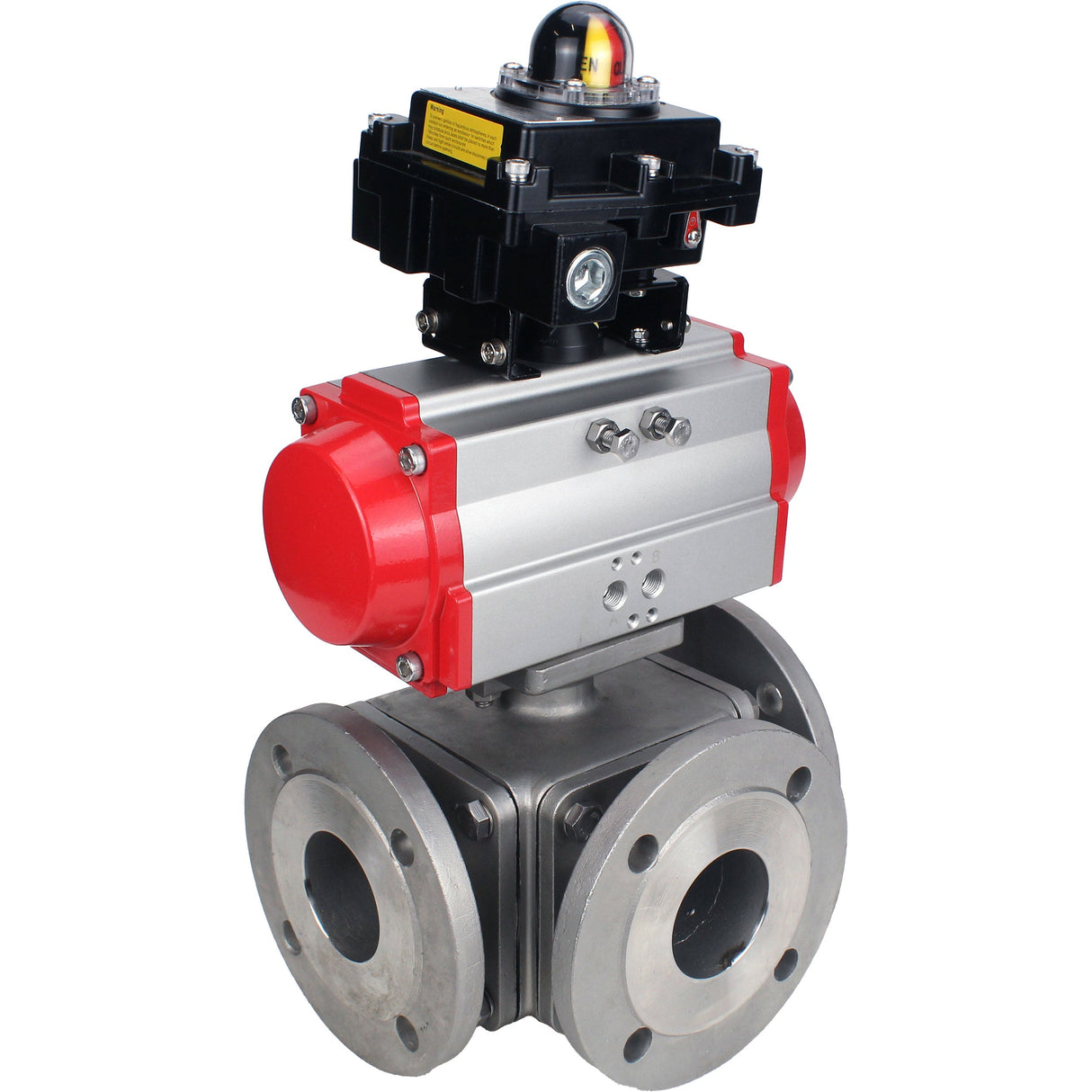 Ball valves Elephant BV3232P(4pc)-FP-3WL-F-ISO-H 16 bar full bore, flanged, body - stainless steel SS316, ISO flange F03/F04-F10/F12, square 9x9-19x19, with pneumatic drive Elephant PA-DA double action and LSU APL-410N EX