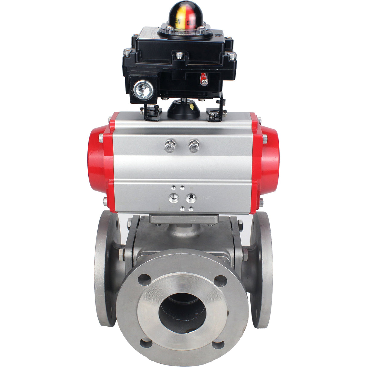 Ball valves Elephant BV3232P(4pc)-FP-3WL-F-ISO-H 16 bar full bore, flanged, body - stainless steel SS316, ISO flange F03/F04-F10/F12, square 9x9-19x19, with pneumatic drive Elephant PA-DA double action and LSU APL-410N EX