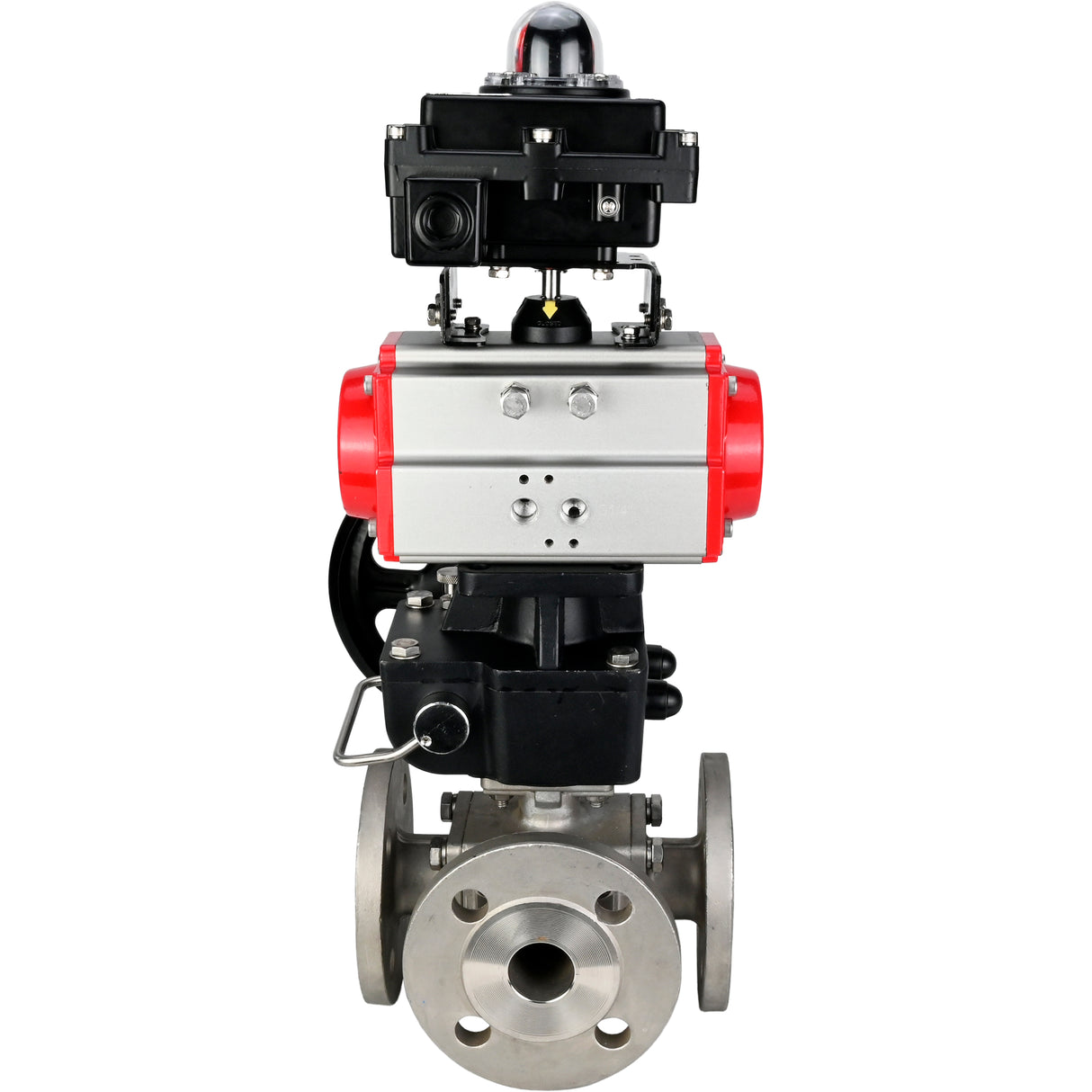 Ball valves Elephant BV3232P(4pc)-FP-3WL-F-ISO-H 16 bar full bore, flanged, body - stainless steel SS316, ISO flange F03/F04-F10/F12, square 9x9-19x19, with pneumatic drive PA-DA, LSU APL-410N EX and Doubler MON3-700-T38-ISO