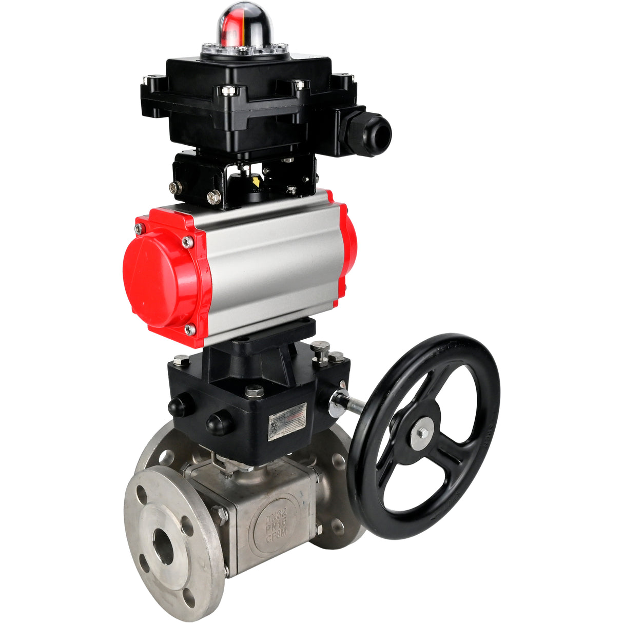 Ball valves Elephant BV3232P(4pc)-FP-3WL-F-ISO-H 16 bar full bore, flanged, body - stainless steel SS316, ISO flange F03/F04-F10/F12, square 9x9-19x19, with pneumatic drive PA-DA, LSU APL-410N EX and Doubler MON3-700-T38-ISO