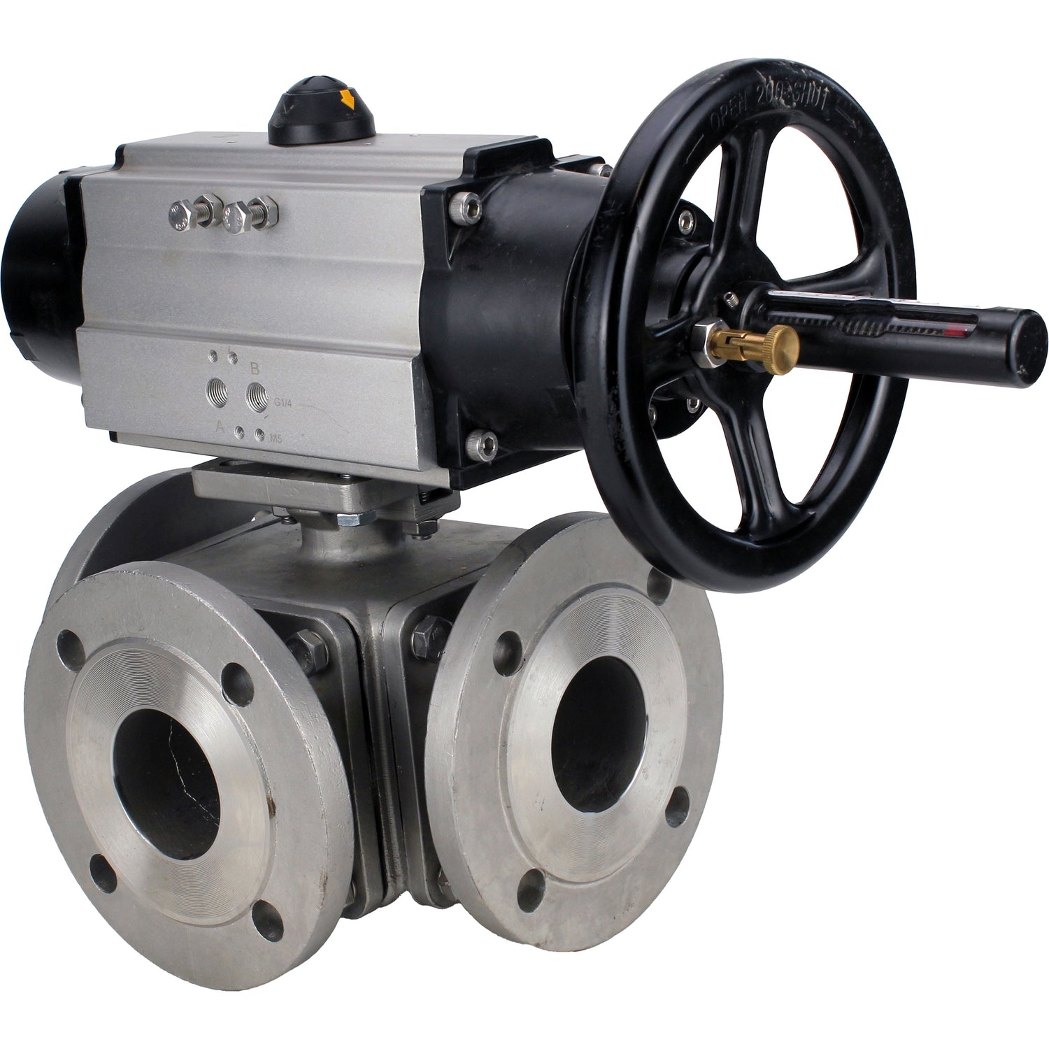 Ball valves Elephant BV3232P(4pc)-FP-3WL-F-ISO-H DN100 16 bar full bore, flanged, body - stainless steel SS316, ISO flange F10/F12, square 19x19, with double pneumatic actuator PA-DA-105-1 actions