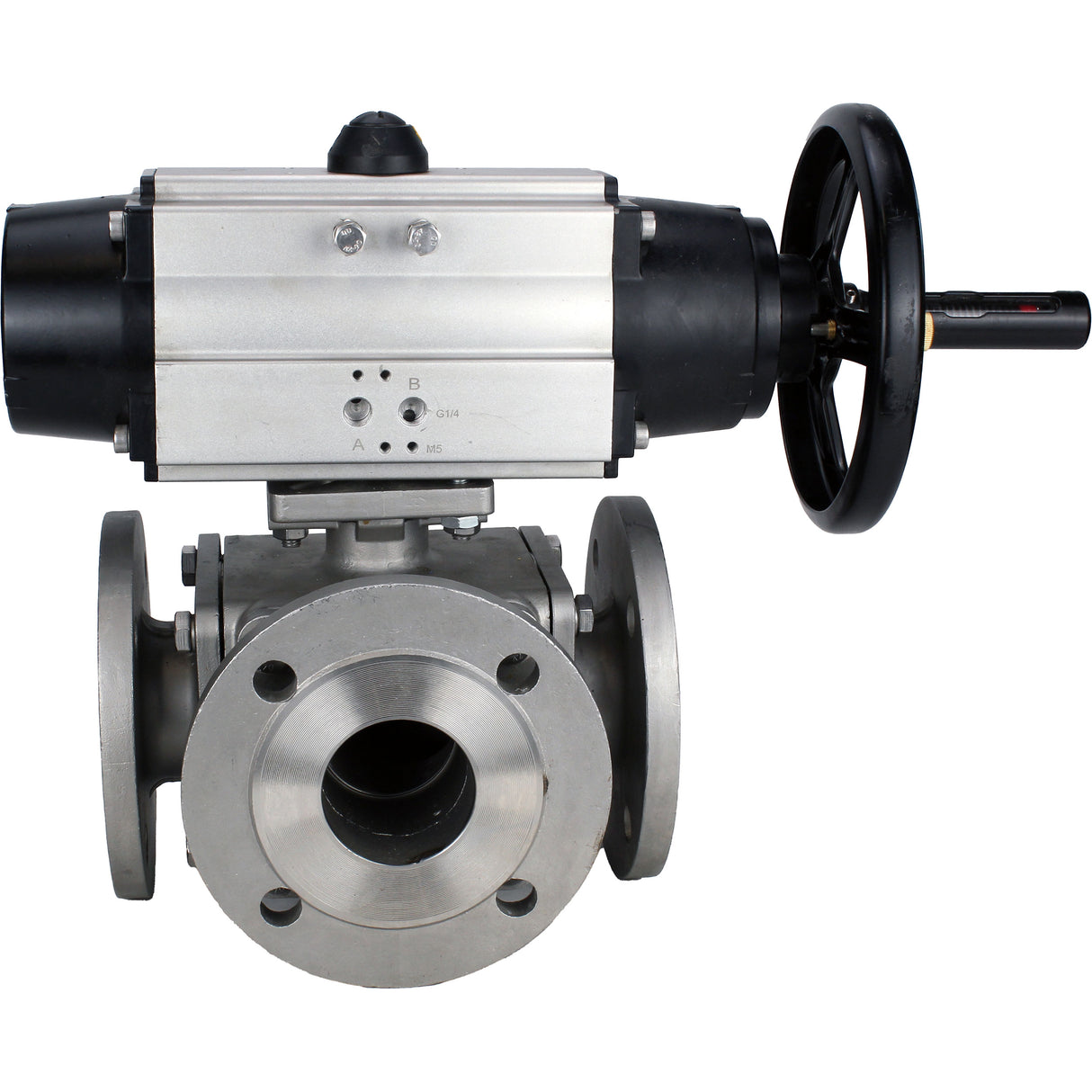 Ball valves Elephant BV3232P(4pc)-FP-3WL-F-ISO-H DN100 16 bar full bore, flanged, body - stainless steel SS316, ISO flange F10/F12, square 19x19, with double pneumatic actuator PA-DA-105-1 actions
