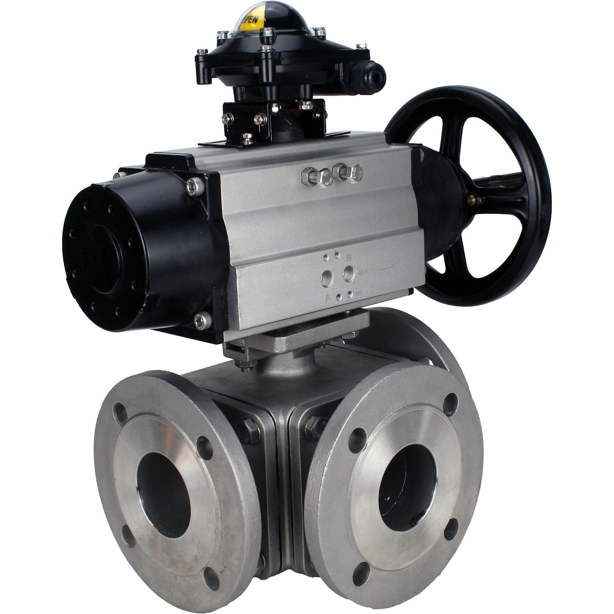 Ball valves Elephant BV3232P(4pc)-FP-3WL-F-ISO-H DN100 16 bar full bore, flanged, body - stainless steel SS316, ISO flange F10/F12, square 19x19, with double pneumatic actuator PA-DA-105-1 actions and LSU APL-210N