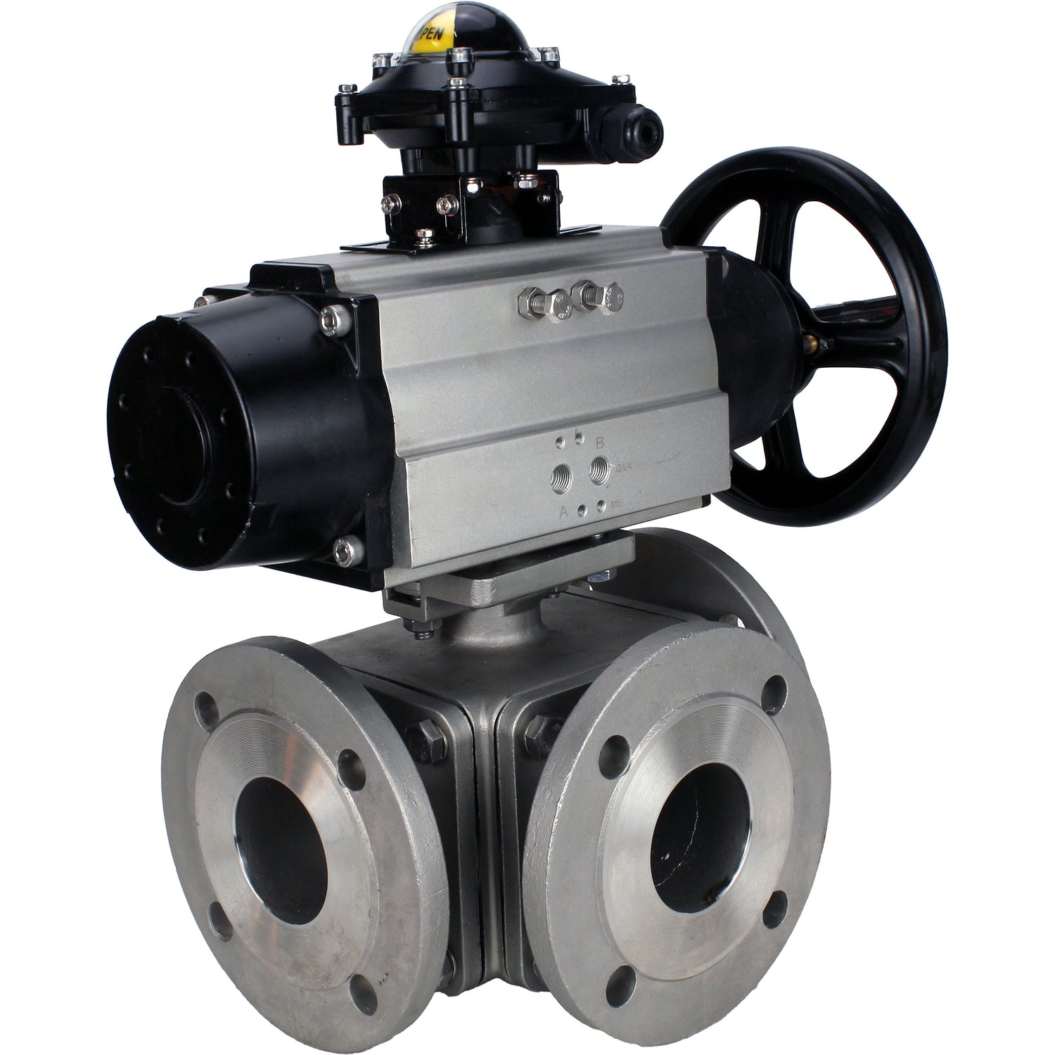 Ball valves Elephant BV3232P(4pc)-FP-3WL-F-ISO-H DN100 16 bar full bore, flanged, body - stainless steel SS316, ISO flange F10/F12, square 19x19, with double pneumatic actuator PA-DA-105-1 actions and LSU APL-210N